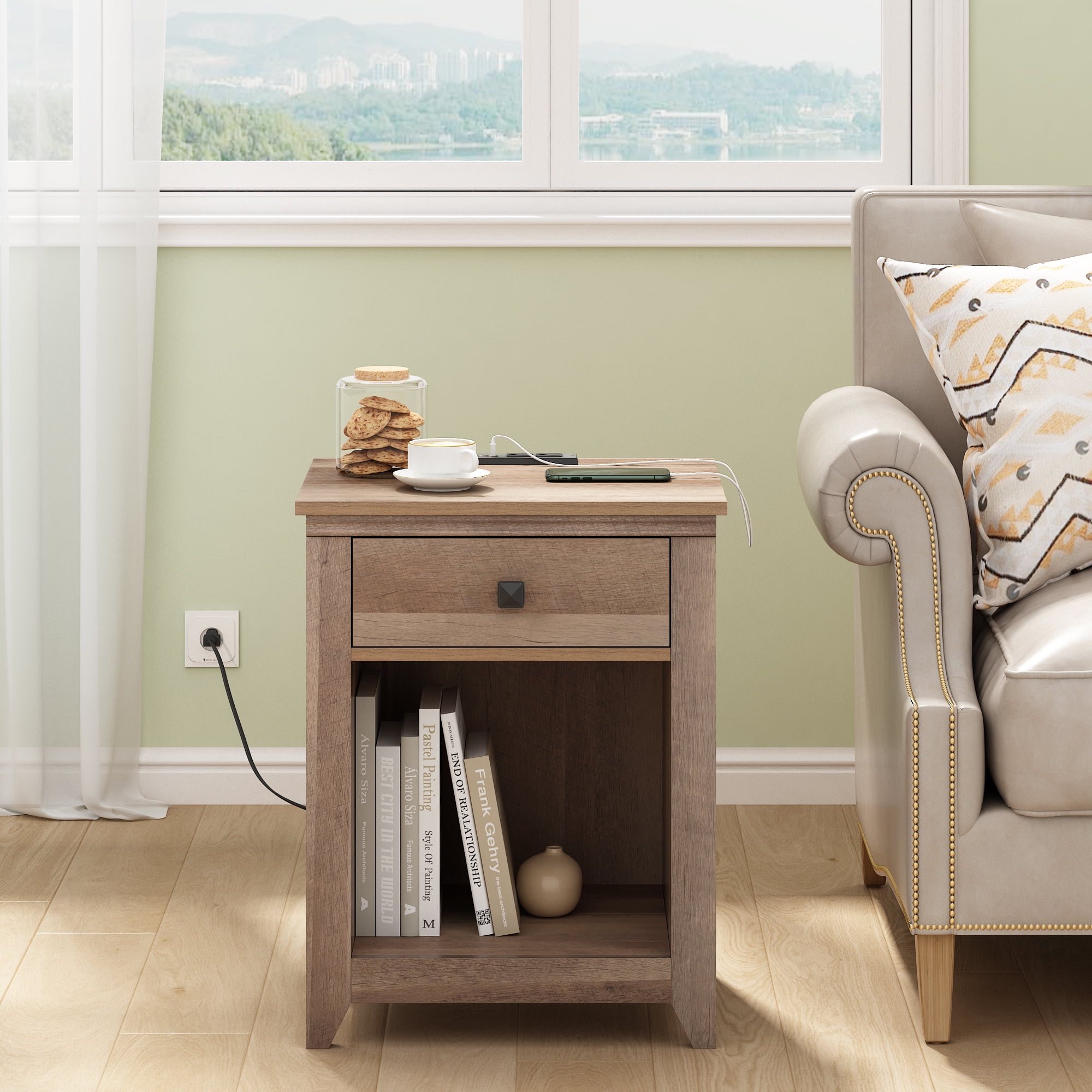 Jaxpety Farmhouse Nightstand, Bedside Table with Drawer and Shelf, Wood Storage for Home