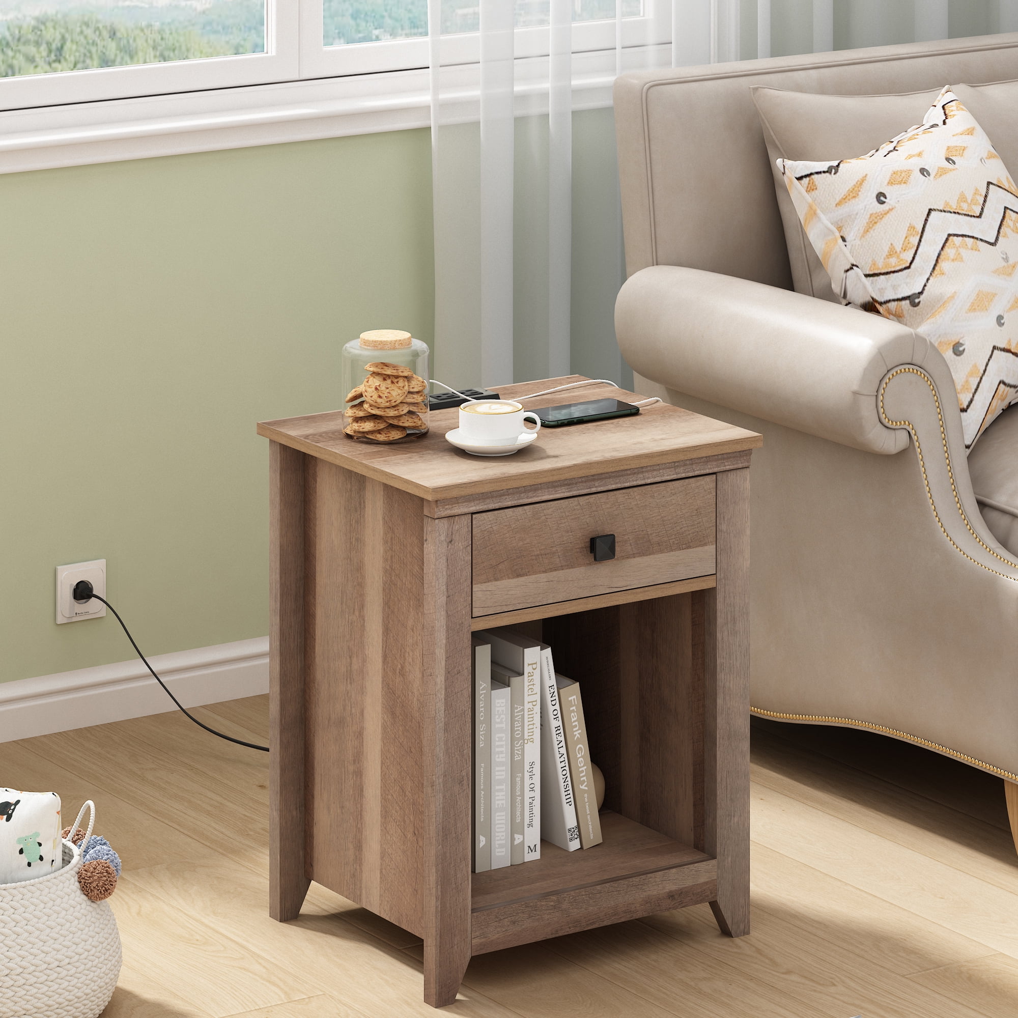 Jaxpety Farmhouse Nightstand W/ USB Charging Station, Bedside Table