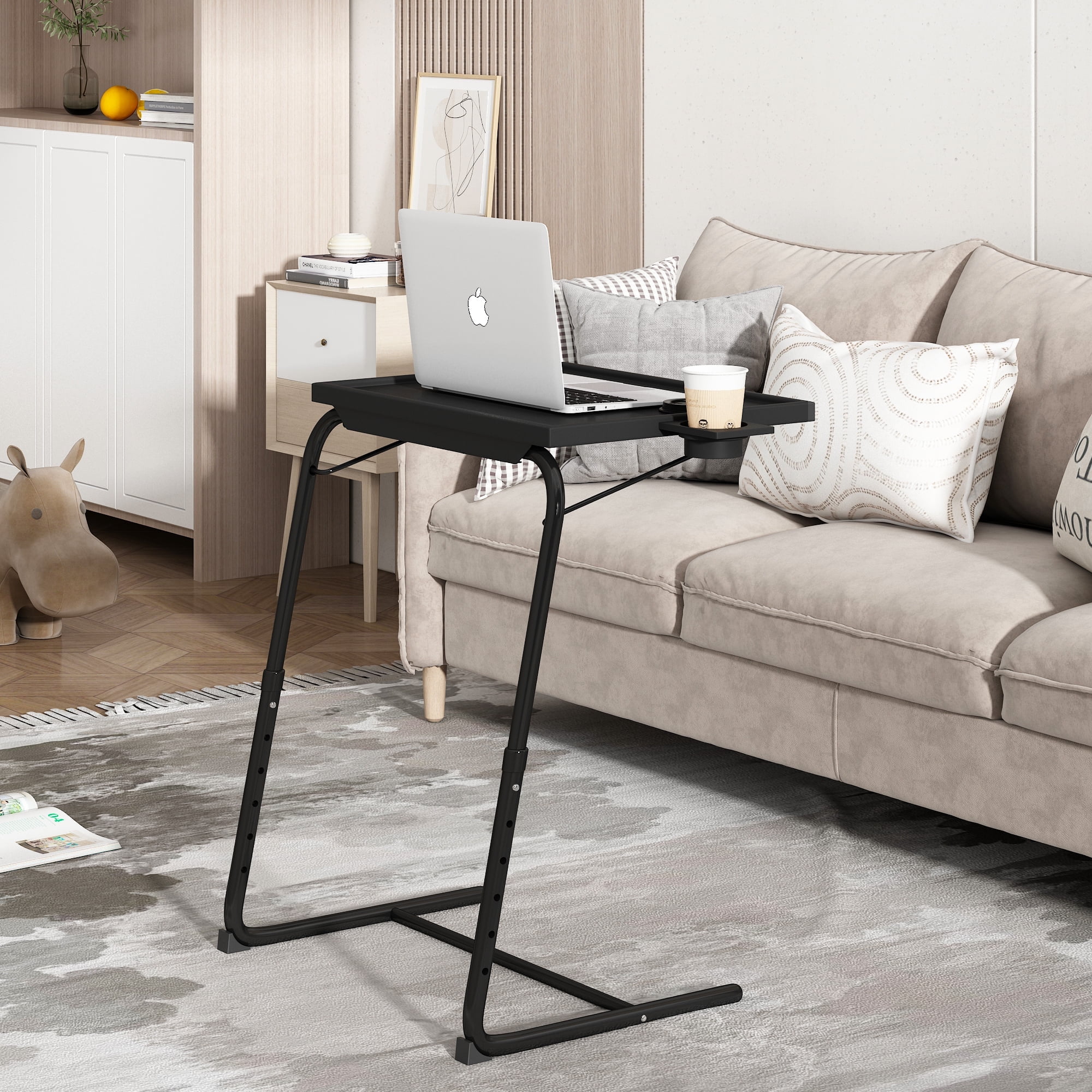 Adjustable Black Plastic TV Tray Table with Cup Holder