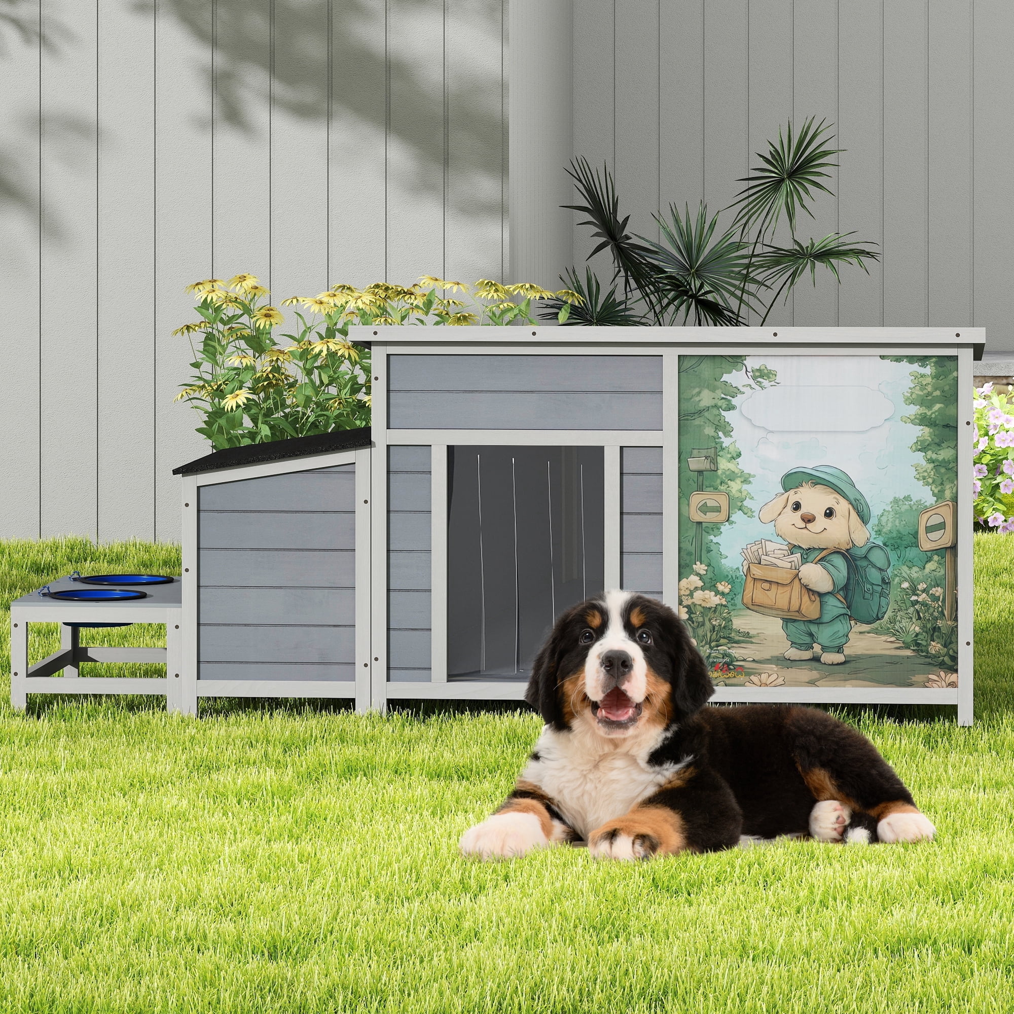 Jaxpety Large Outdoor Dog House, Winter Weatherproof Wooden Dog Kennel with Slow Feed Bowls, Gray