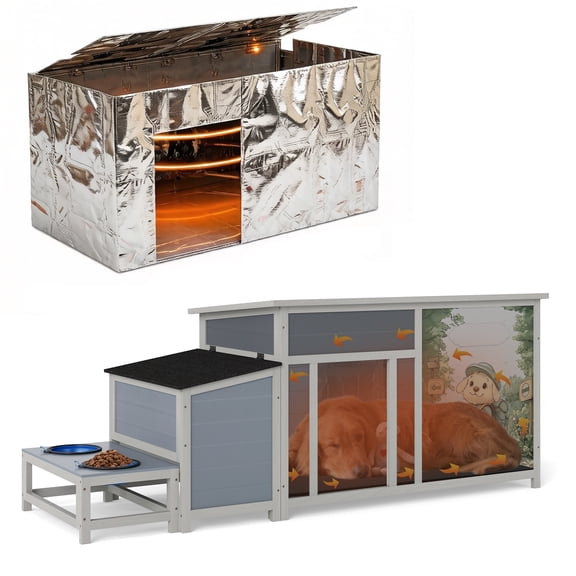 Jaxpety Insulated Dog House for Winter Outdoor Dog Kennel Wooden with Weatherproof Roof, Slow Feed Bowls