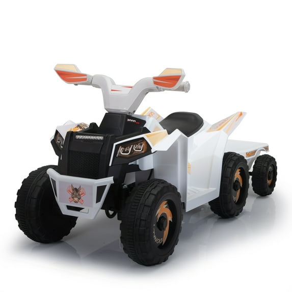 Jaxpety Kids ATV, 6V 4 Wheeler Electric Quad Car Ride on Toys with Trailer, Bluetooth, Music, Horn, White