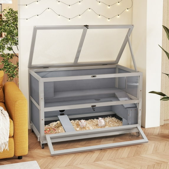 Jaxpety 35.4'' Hamster Cage with Removable Tunnel & Tray, Small Animal Cage with Wheels and 2 Openable Doors, Wooden Cage for Syrian Dwarf Hamsters, Mice, Rats and Rabbits