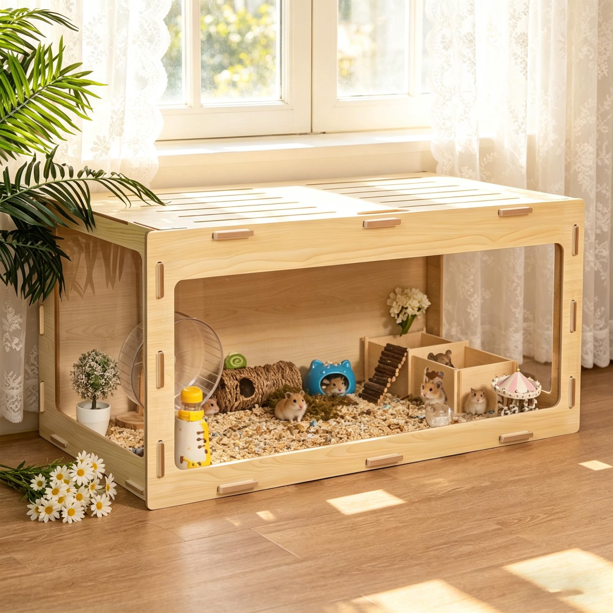 Jaxpety 31.5'' Hamster Cage with 3 Side Acrylic Board & Flip Top, Small Animal Cage for Syrian Dwarf Hamsters, Mice, Rats and Rabbits
