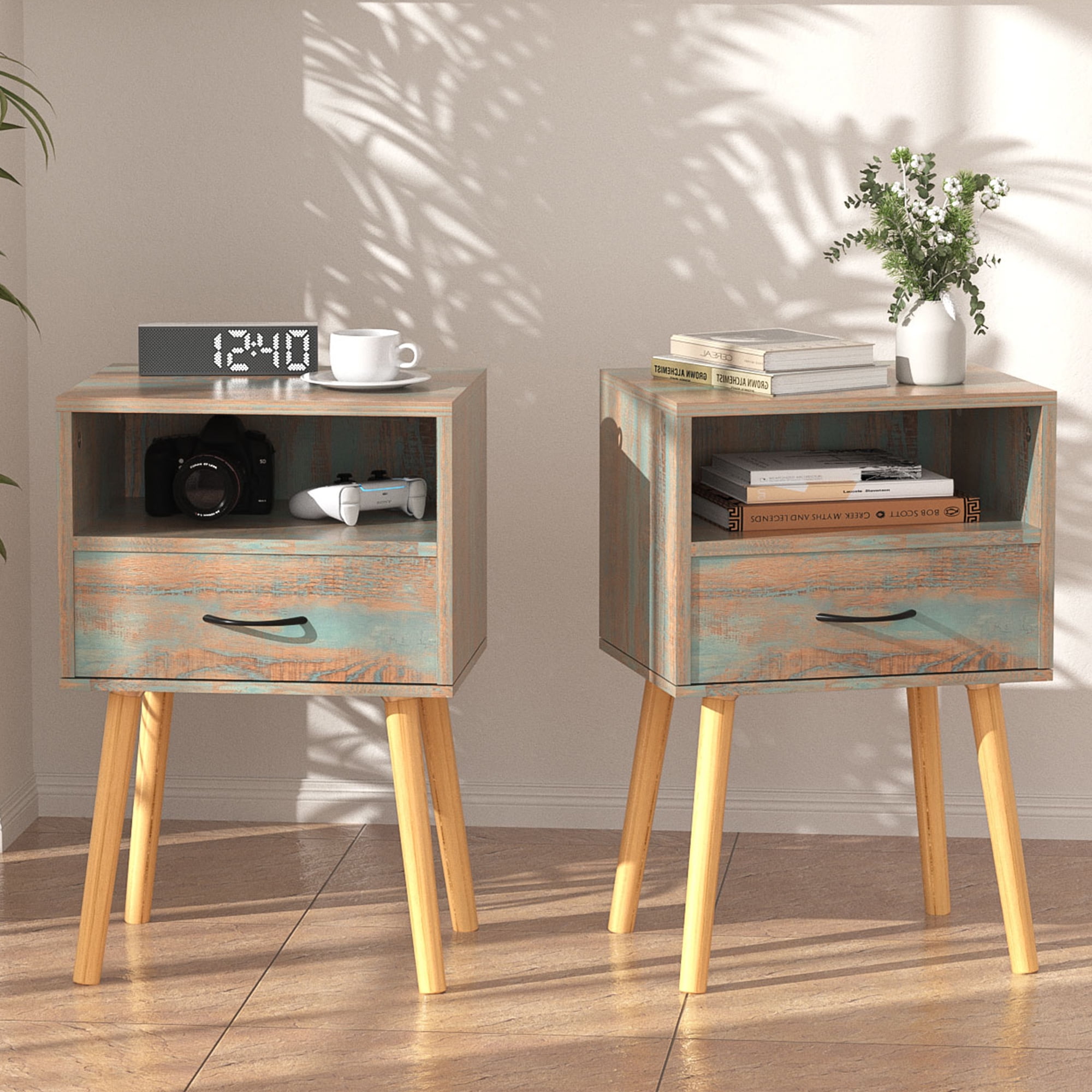 Jaxpety Modern Set of 2 Nightstand, Bedside Table with a Drawer and Open Storage for Bedroom and