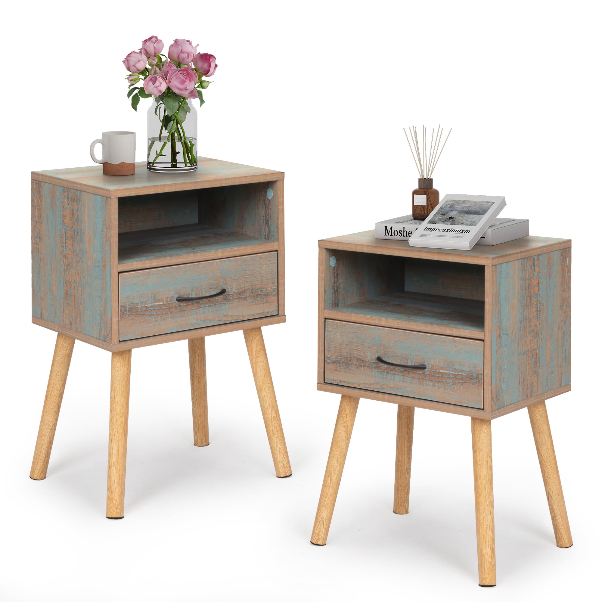 Jaxpety Modern Set of 2 Nightstand, Bedside Table with a Drawer and