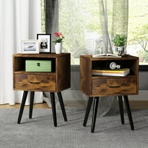 Jaxpety Nightstands Set of 2 with 1 Drawer and Open Storage Shelf, Bedside Tables with Solid Wood Legs, End Table, Side Table, for Bedroom, Retro Brown