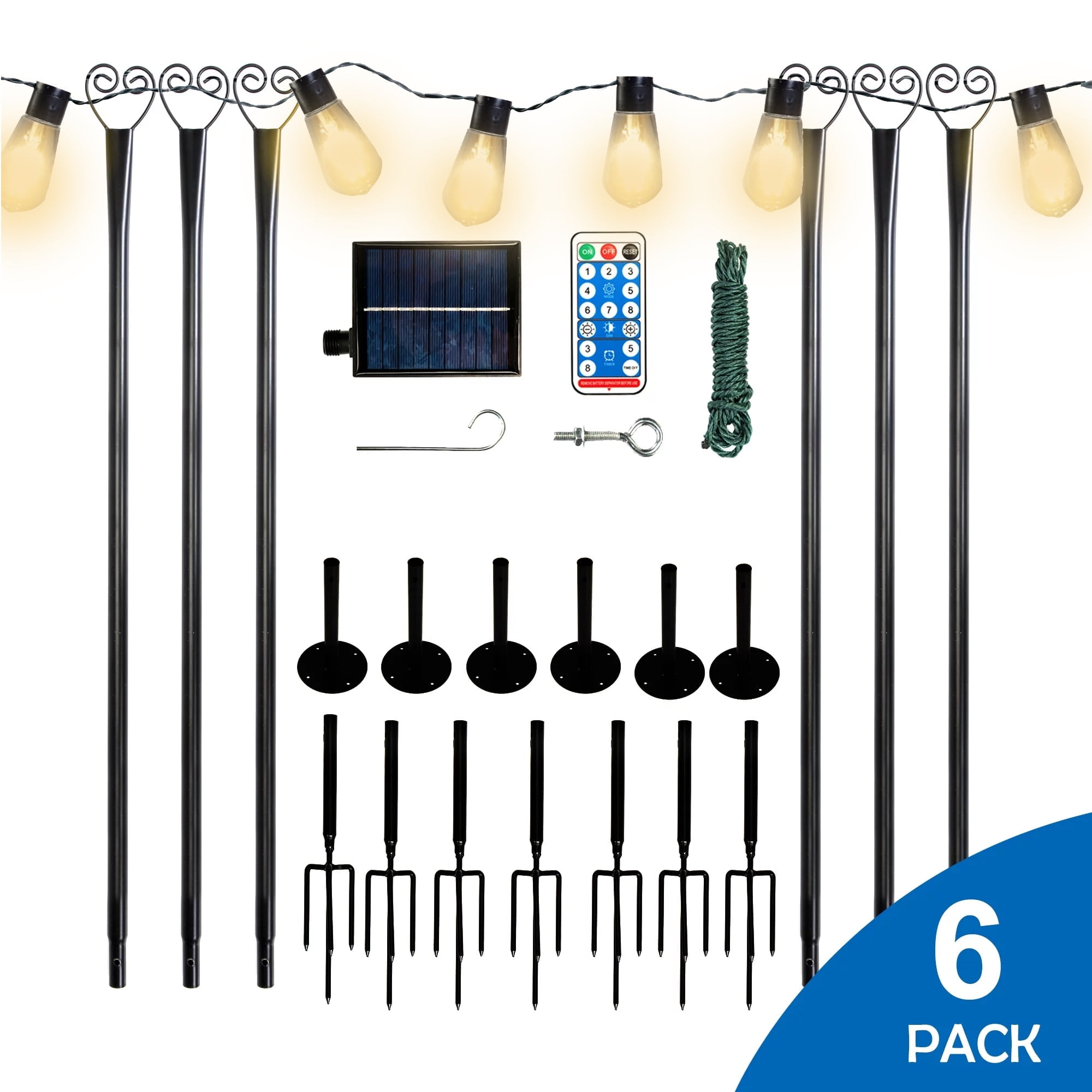 Solar Powered Black Iron LED Outdoor String Lights with Adjustable Poles