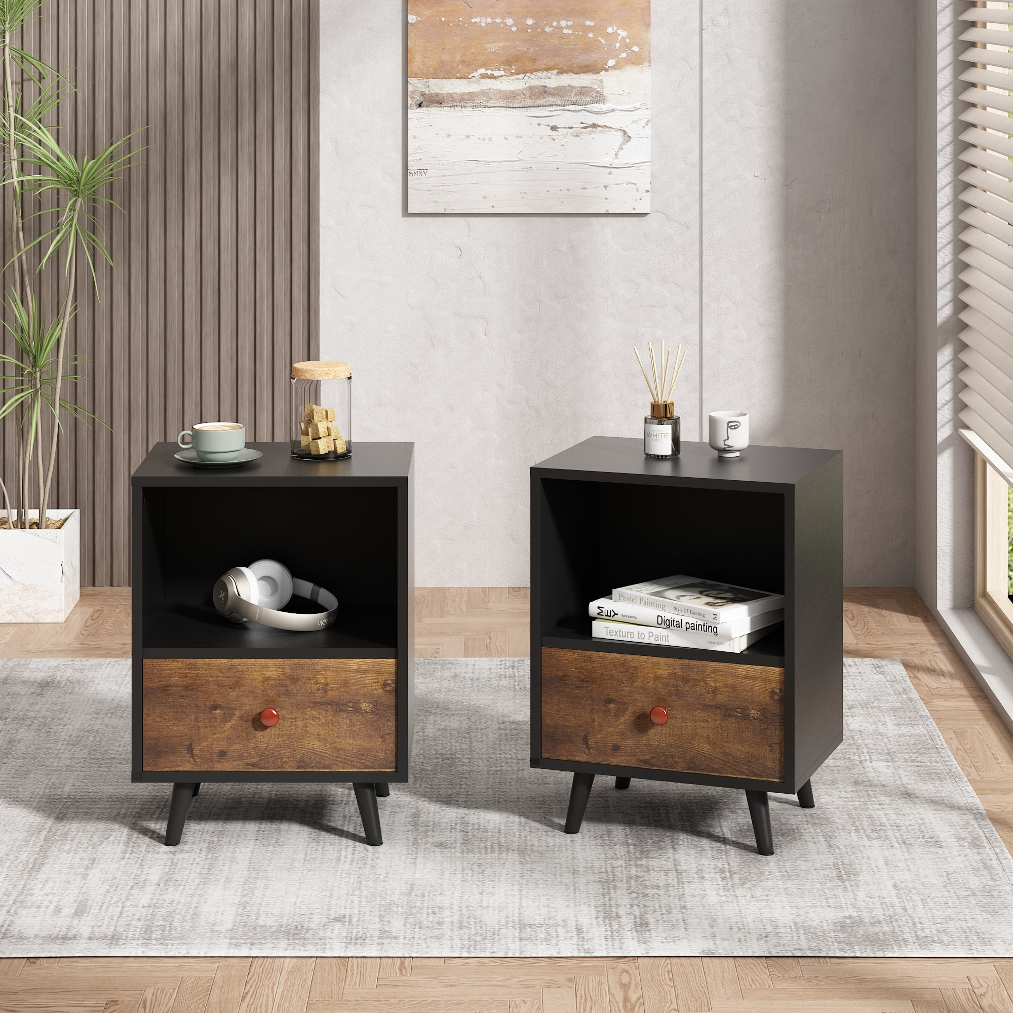 Jaxpety Set of 2 MidCentury Modern Nightstand, Bedside Table W/ Drawer