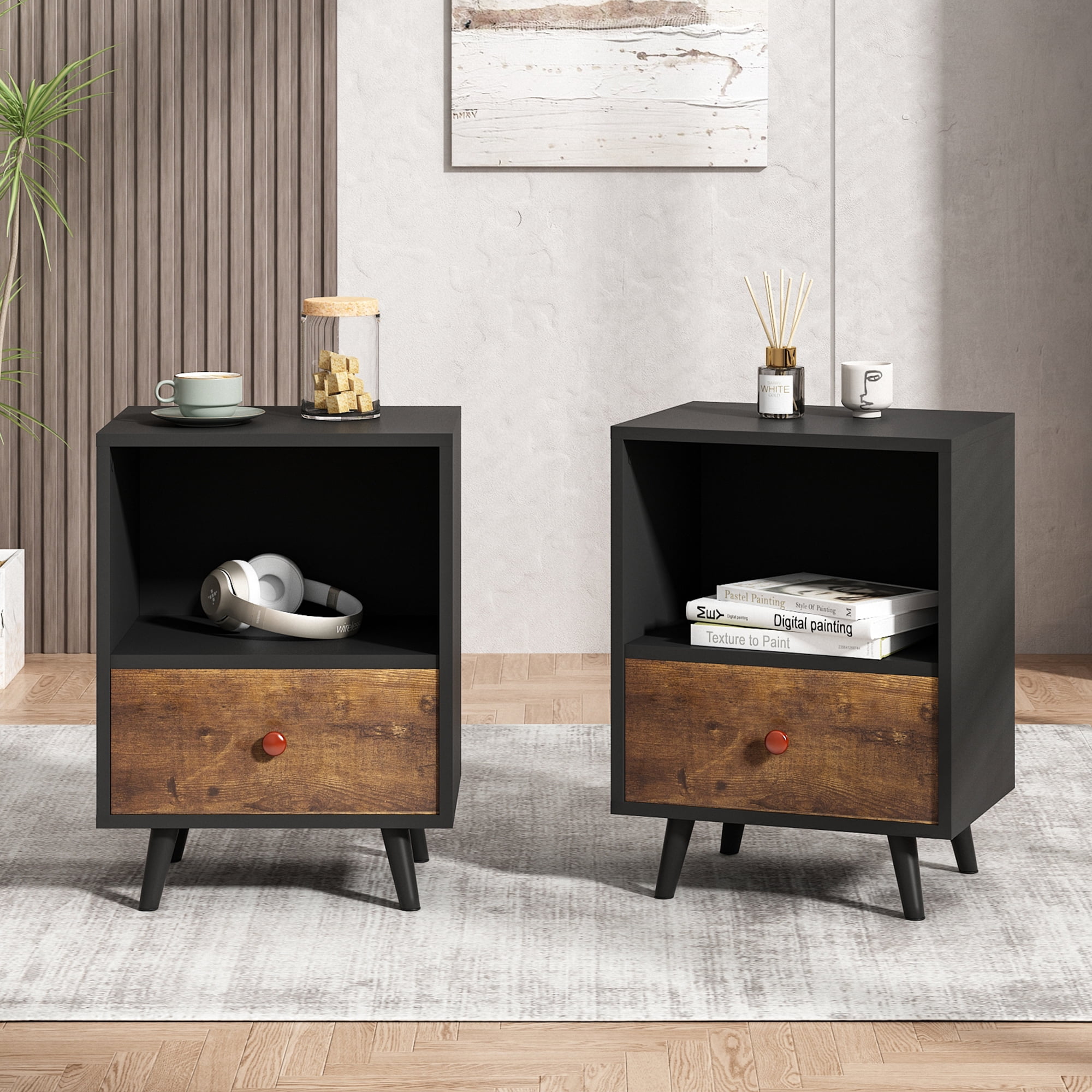 Jaxpety Set of 2 Modern Wood Nightstand, Adult Bedside Table End Table