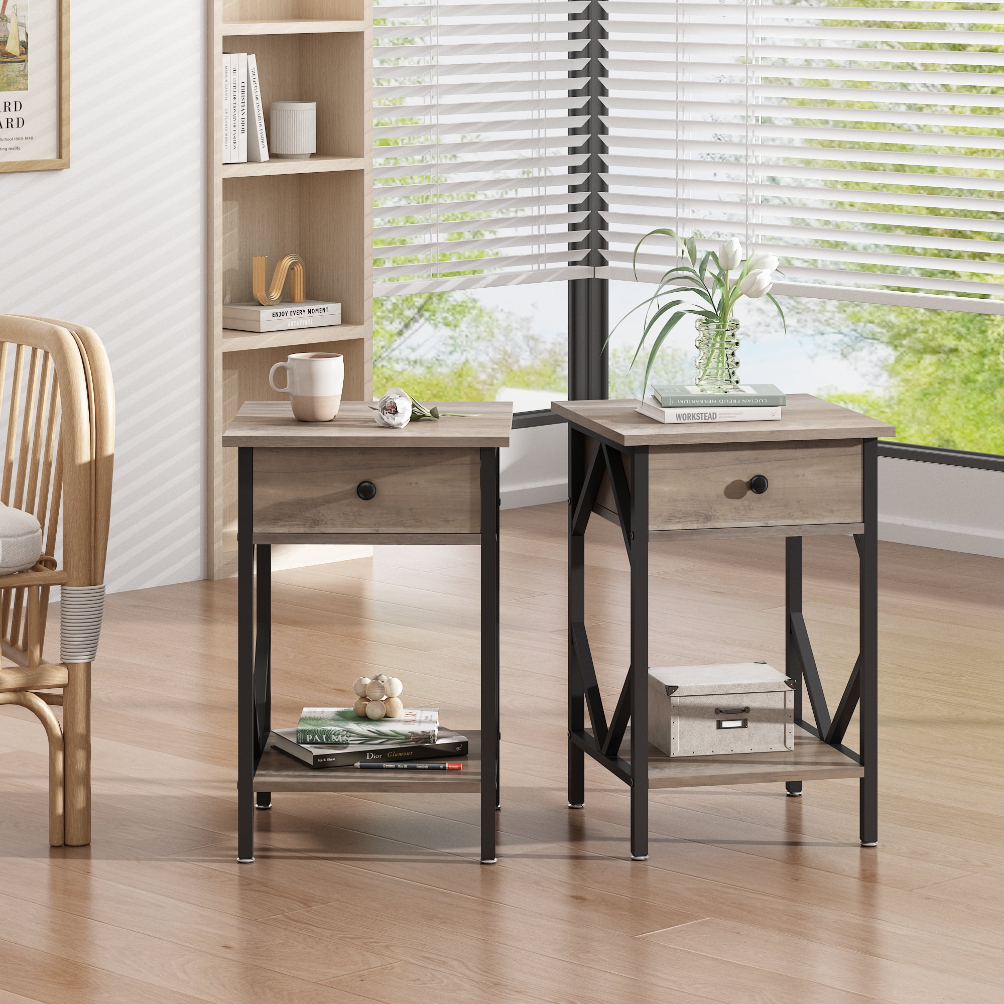 Jaxpety Pair of Washed Gray Nightstands, Mixed Material with Drawer