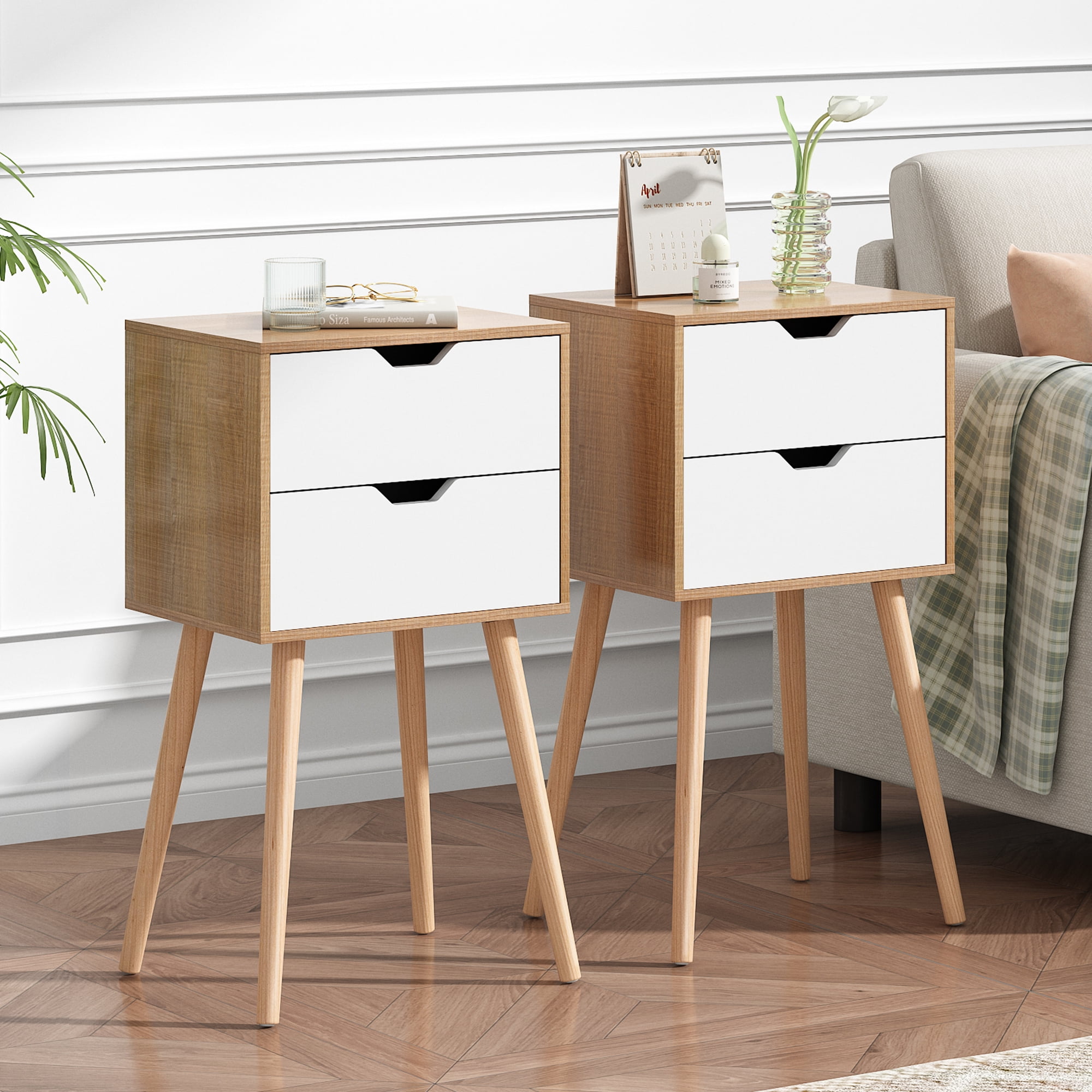 Jaxpety Set of 2 Nightstands, 2 Drawers Modern Sofa End Table Side