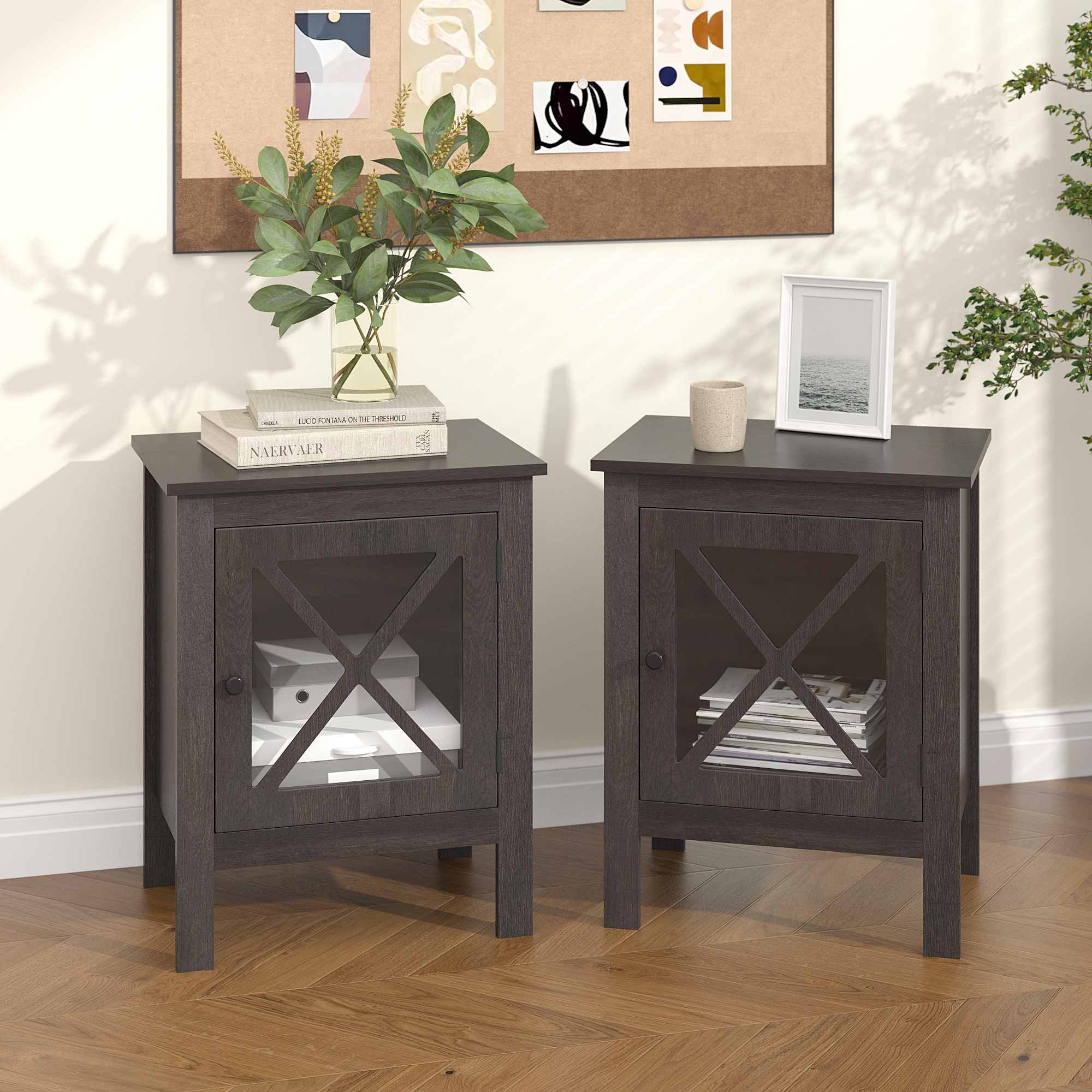 Jaxpety Set of 2 Nightstands Bedside Table W/ xDesign Glass Door for Bedroom Living Room, Dark