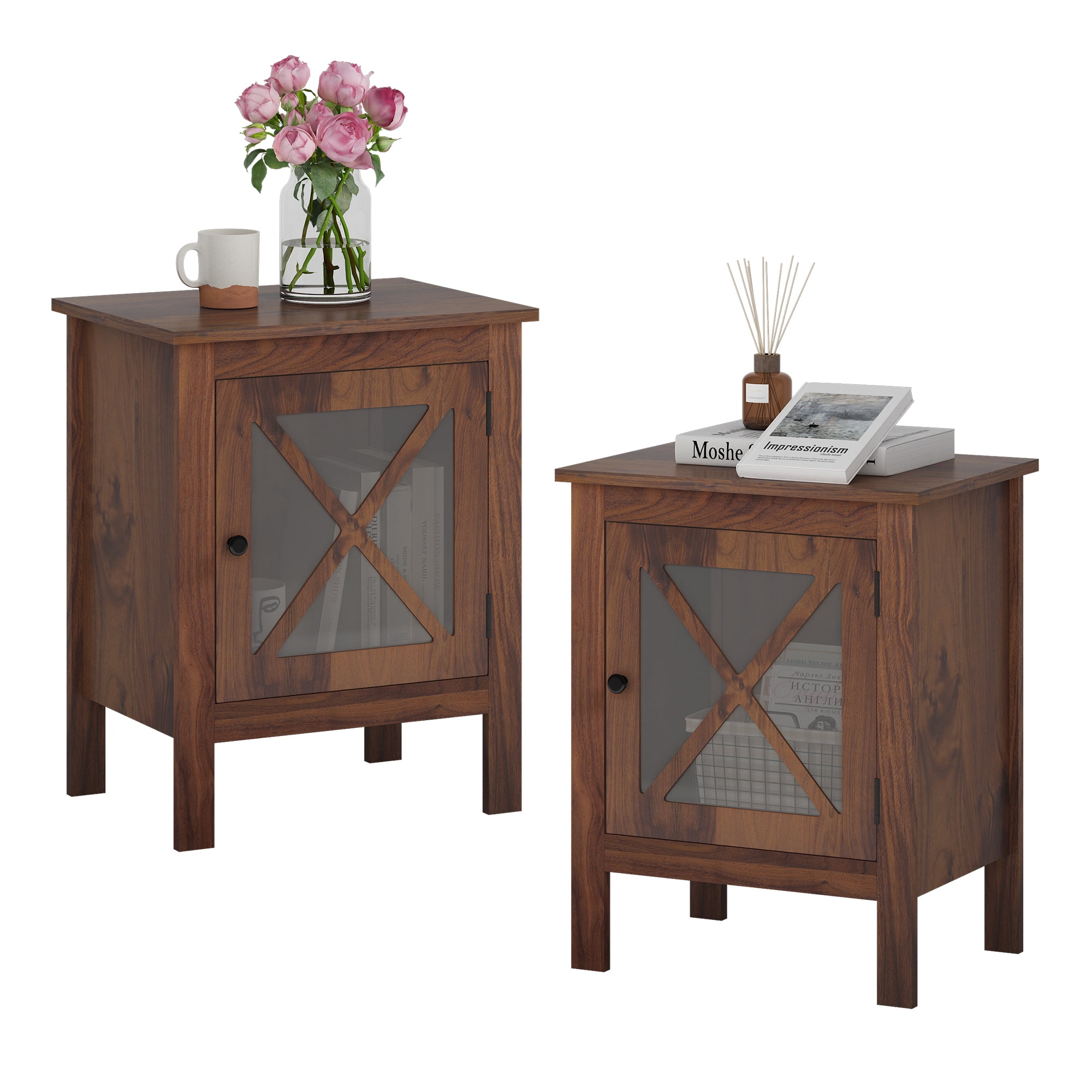 Jaxpety Set of 2 Nightstands, Wood Bedside Table with XDesign Glass Door, Rustic End Table for