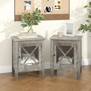 Jaxpety Set of 2 Nightstands for Bedroom, Wood Farmhouse Bedside Table with x-Design Glass Door, Rustic End Table for Bedroom Home Office, Light Gray
