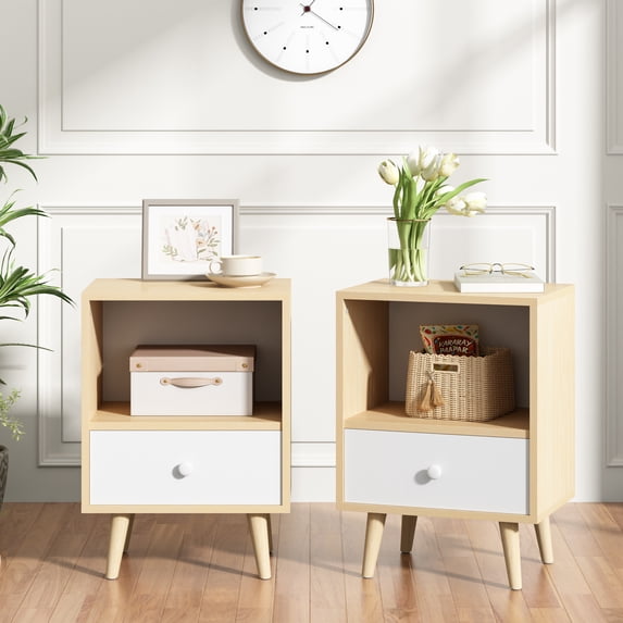 Jaxpety Set of 2 Wood Nightstand W/ Drawer and Open Shelf, End Table for Home Bedroom Living Room, Light Wood