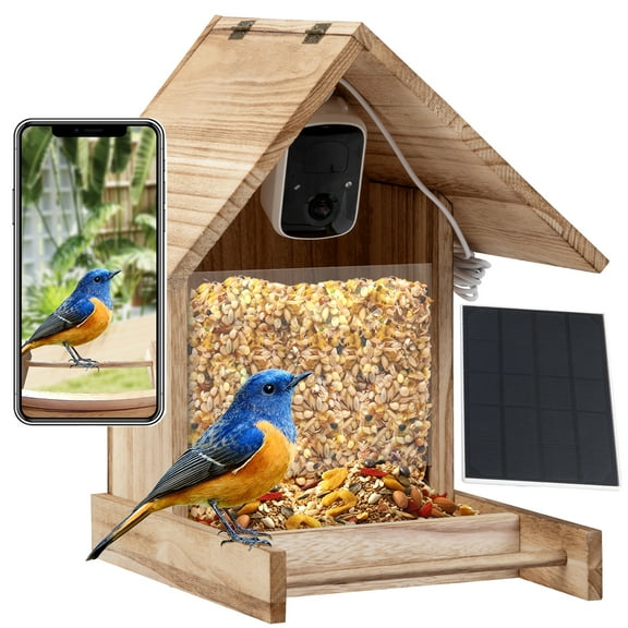 Jaxpety Smart Bird Feeder with Camera Outdoor Bird Watching Camera Auto Capture with Solar Powered, Eco-friendly Wooden, Ideal Gift