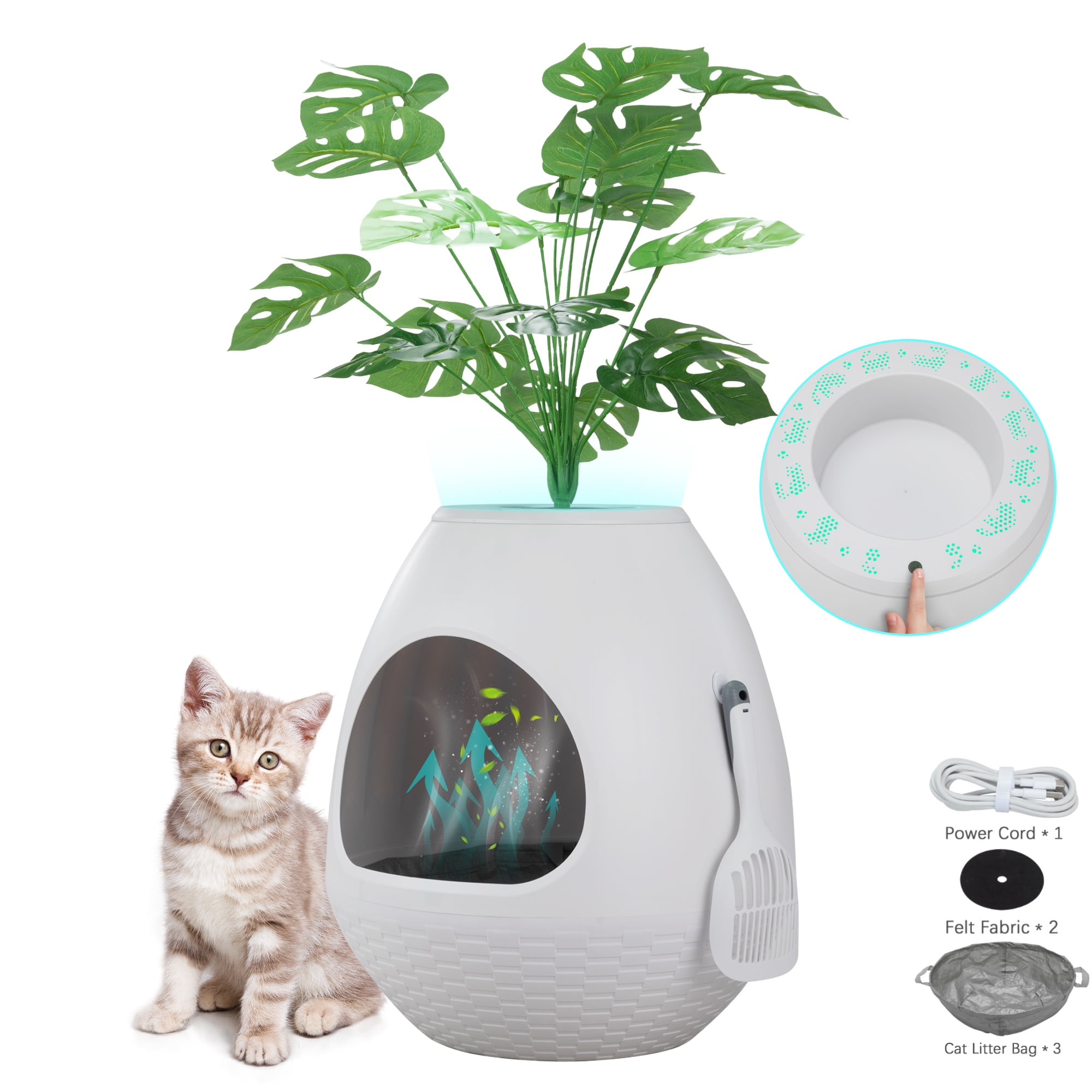 White Egg-Shaped Hidden Cat Litter Box with Artificial Plant and Odor Control