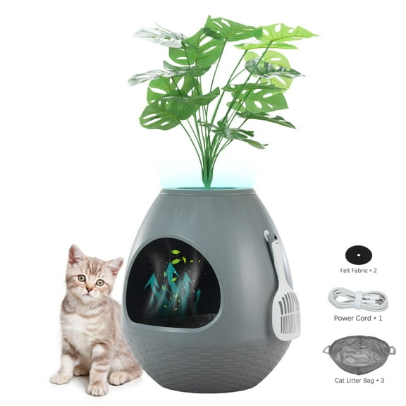 Jaxpety Smart Plant Litter Box,Hidden Cat Litter Box with Deodorization System, Exhaust Fan,Light, Scoop, Artificial Plants for Apartments and Offices Living Room Bedroom,Gray