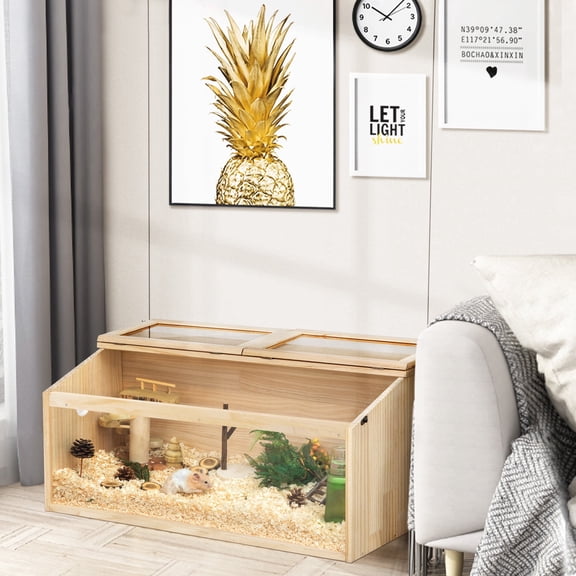 Jaxpety 31.5'' Wooden Hamster Cage with Acrylic Board & Openable Top, Small Animal Cage for Syrian Dwarf Hamsters, Mice, Rats and Rabbits