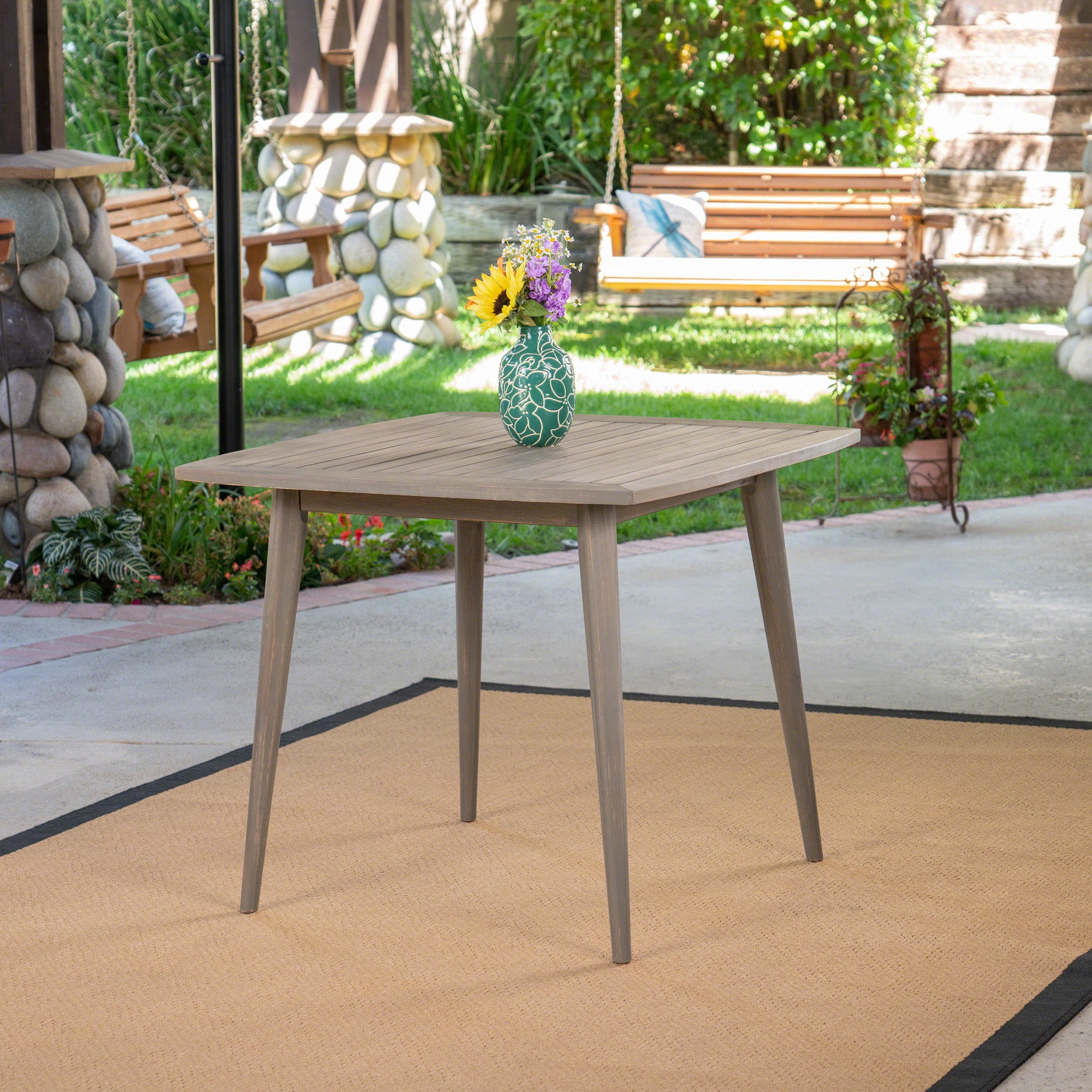 Sleek Acacia Wood Square Outdoor Dining Table with Straight Legs, Gray