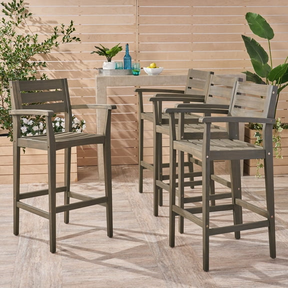 Jaxson Outdoor Rustic Acacia Wood Barstool (Set of 4), Gray