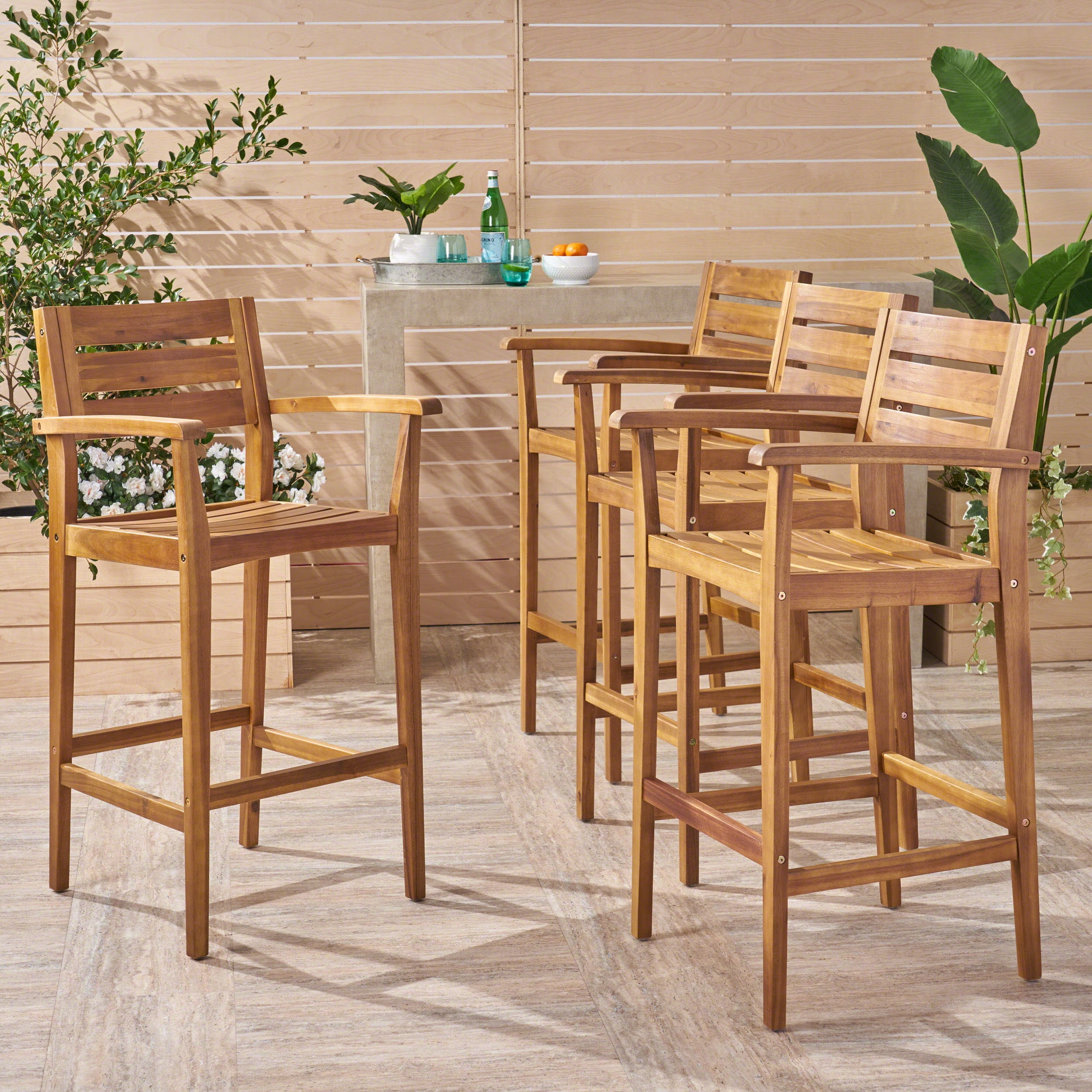 Jaxson Outdoor Rustic Acacia Wood Barstool (Set of 4), Teak