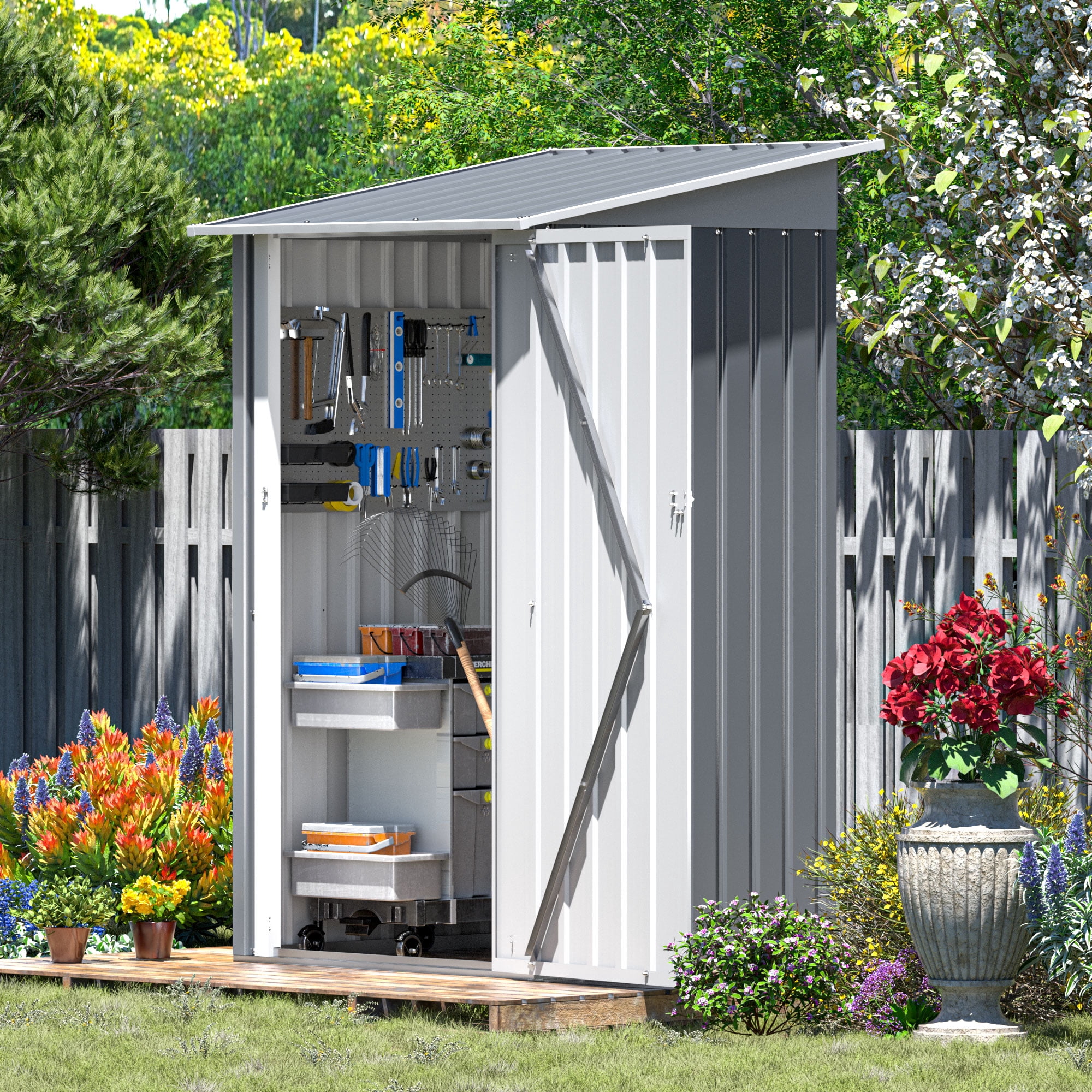Jaxsunny 3 x 3 ft Outdoor Storage Metal Shed with Sloping Roof and Single Lockable Door for Patio Lawn Backyard,Gray