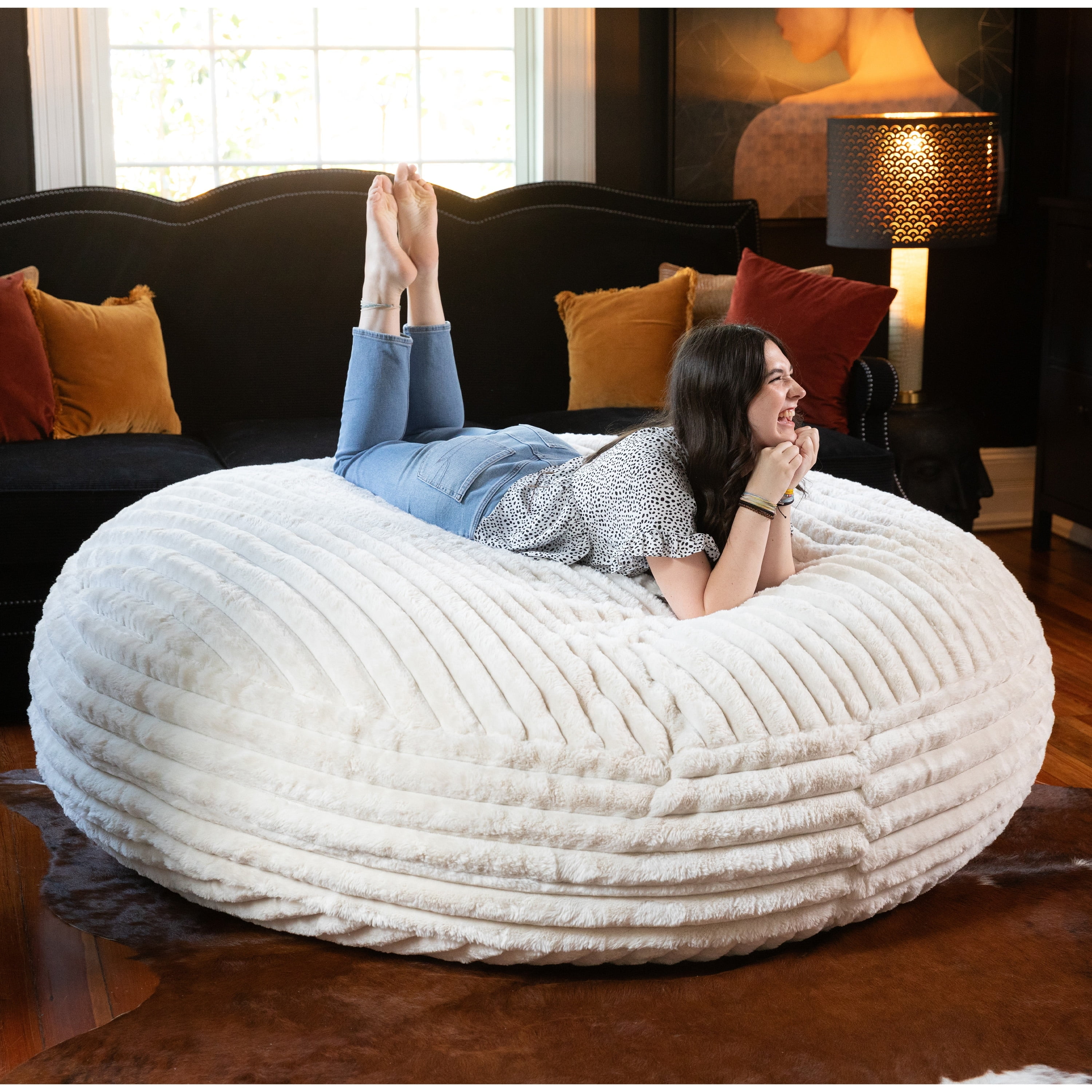 Jaxx 6 Foot Cocoon - Large Bean Bag Chair for Adults, Premium Luxe Faux Fur - Mondo Ivory