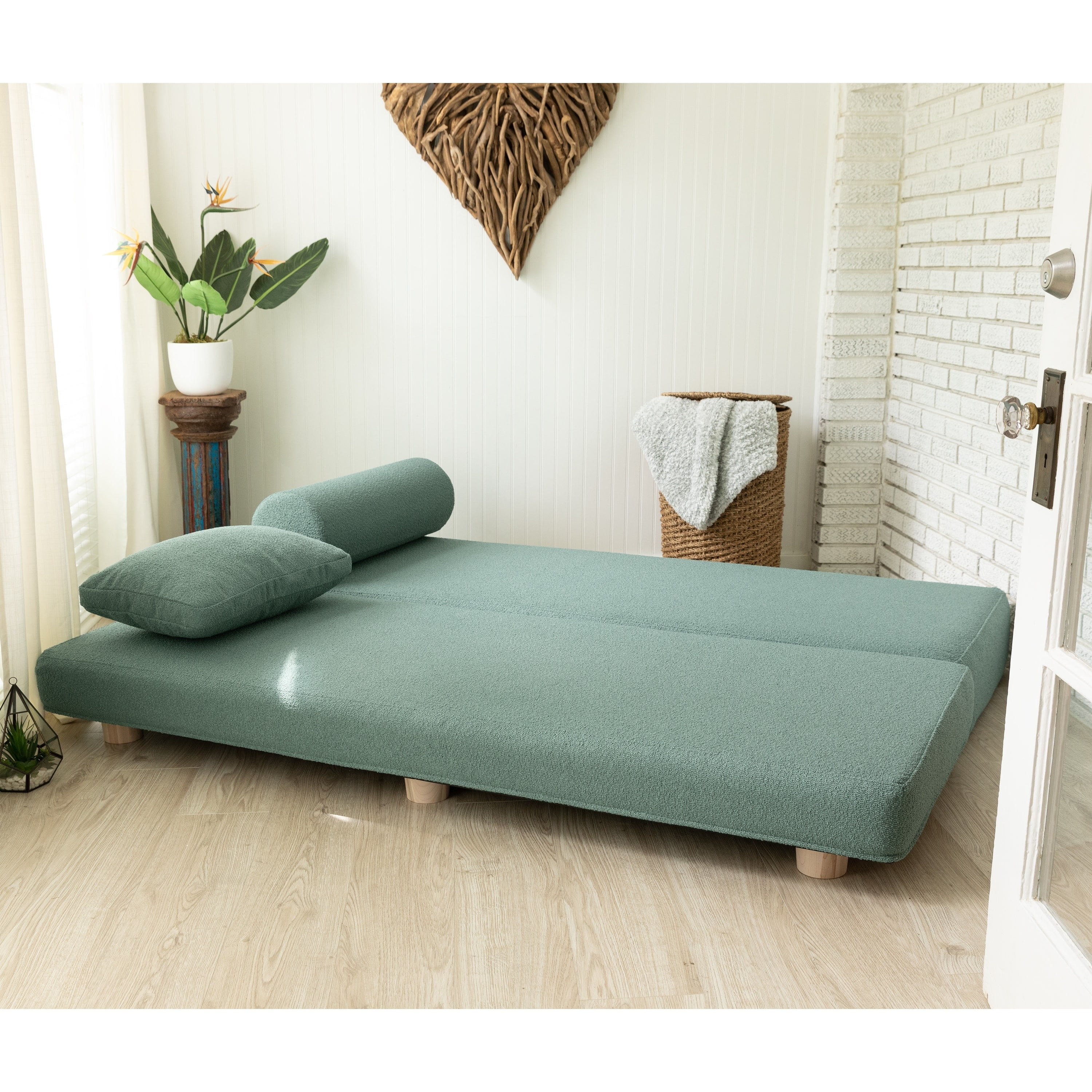 Green Boucle Fold Out Queen Sleeper Daybed with Wood Frame
