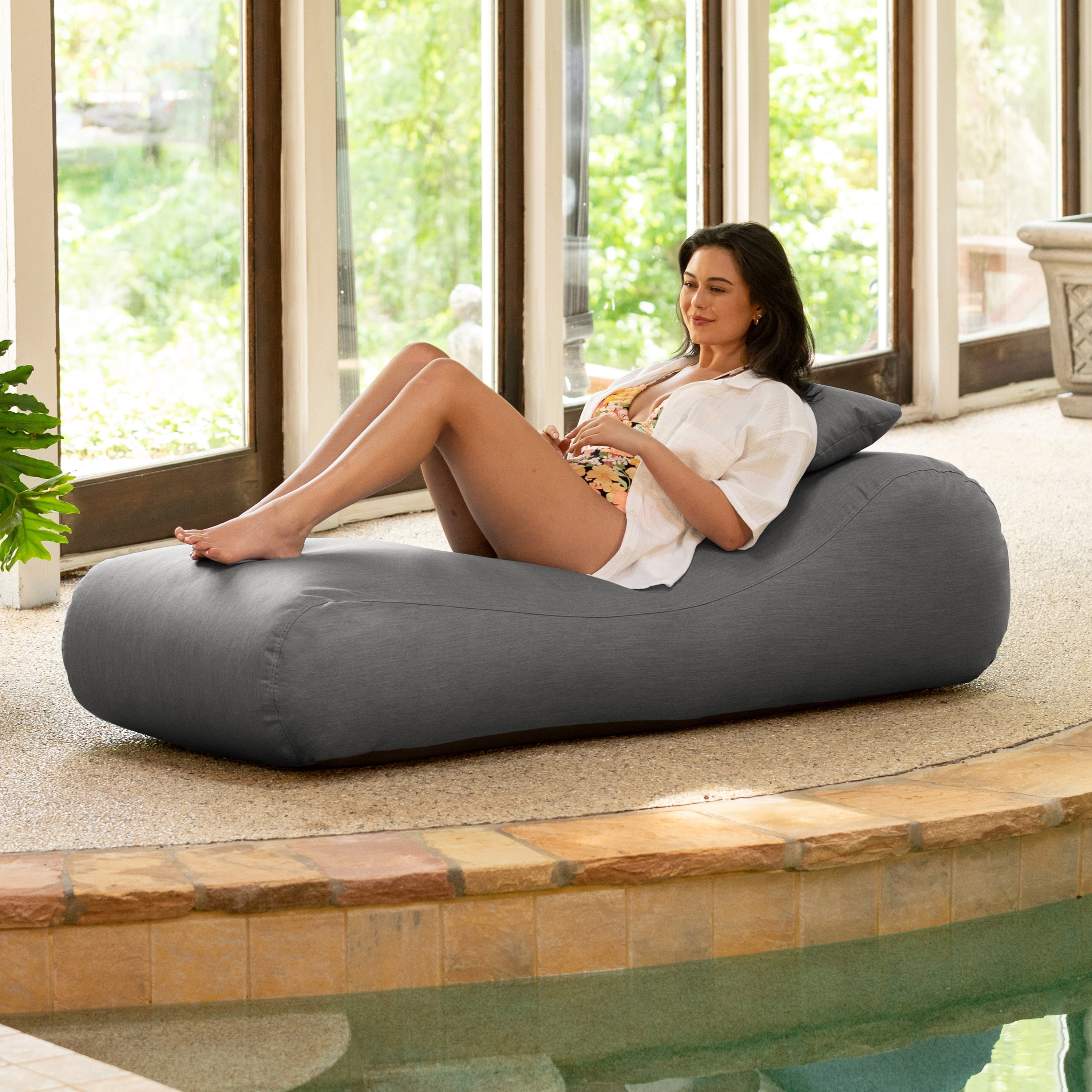 Slate Gray Outdoor Bean Bag Chaise Lounger with Cushions