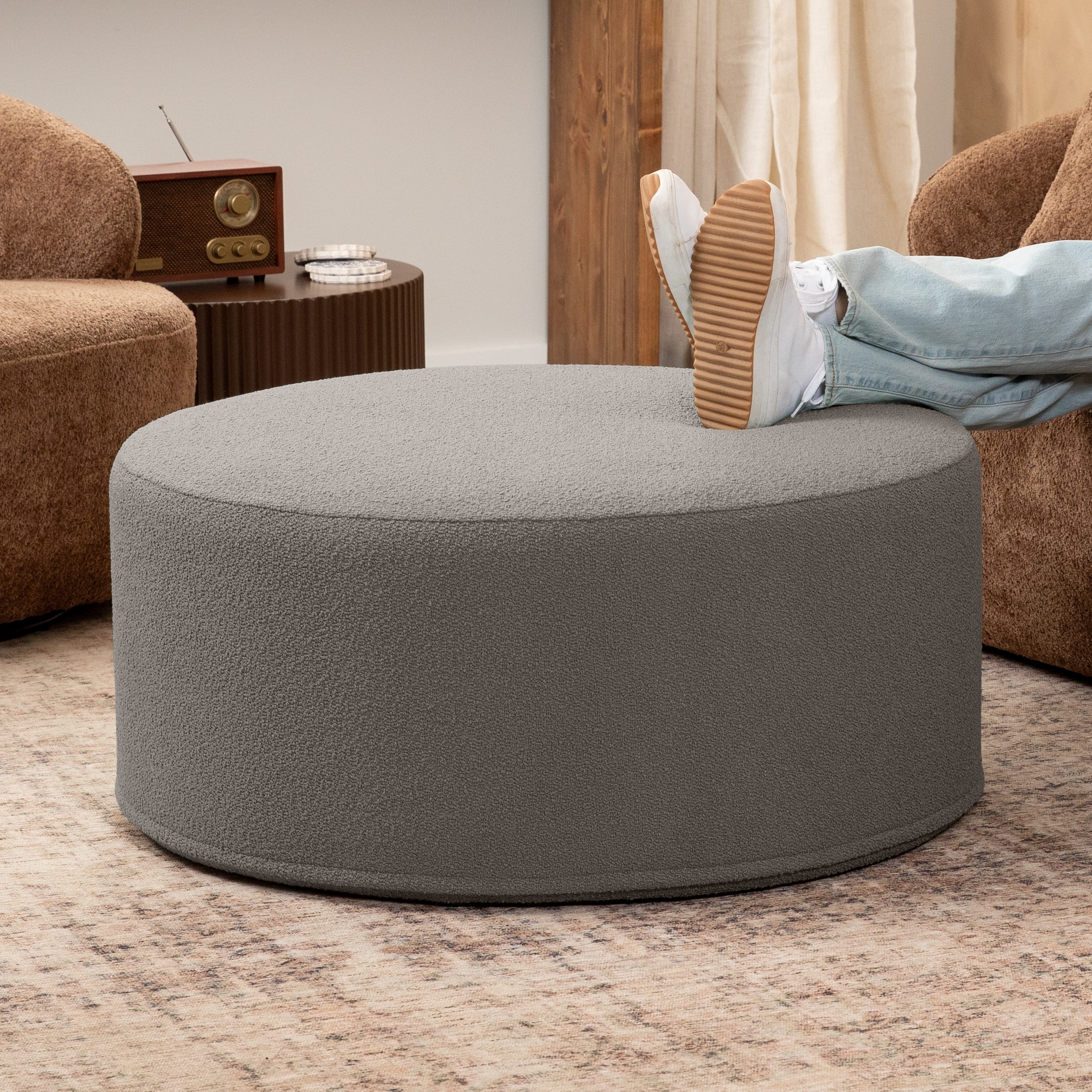 Jaxx Candler Round Coffee Table Ottoman, Large, 36-Inch, Boucle