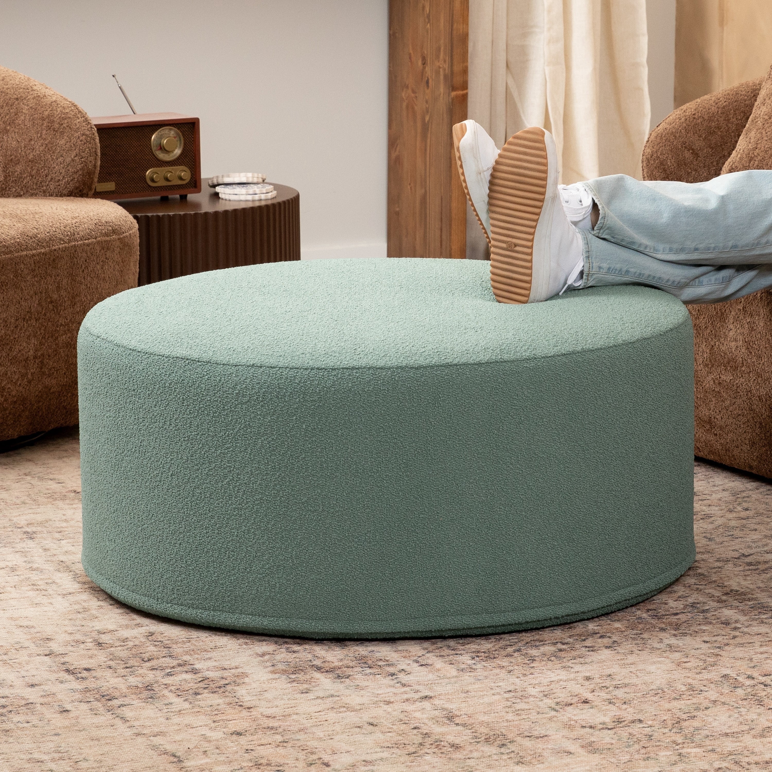 Jaxx Candler Round Coffee Table Ottoman, Large, 36-Inch, Boucle Green