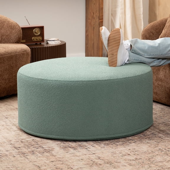 Jaxx Candler Round Coffee Table Ottoman, Large, 36-Inch, Boucle Green