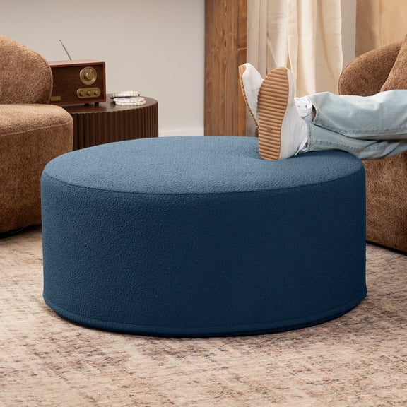 Jaxx Candler Round Coffee Table Ottoman, Large, 36-Inch, Boucle Navy
