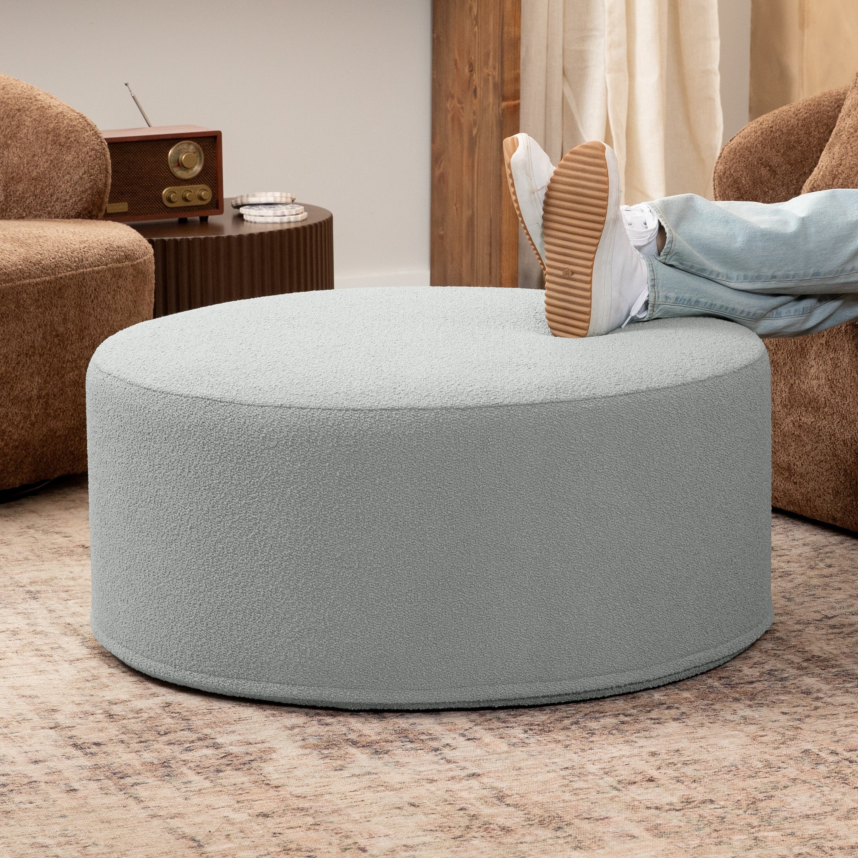 Jaxx Candler Round Coffee Table Ottoman, Large, 36-Inch, Boucle Silver