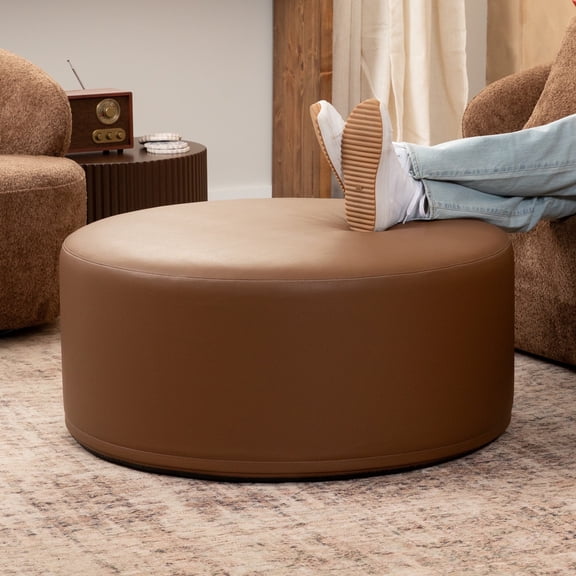 Jaxx Candler Round Coffee Table Ottoman, Large, 36-Inch, Premium Faux Leather, Walnut