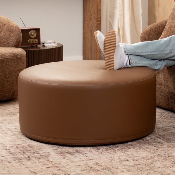 Jaxx Candler Round Coffee Table Ottoman, Large, 36-Inch, Premium Faux Leather, Walnut