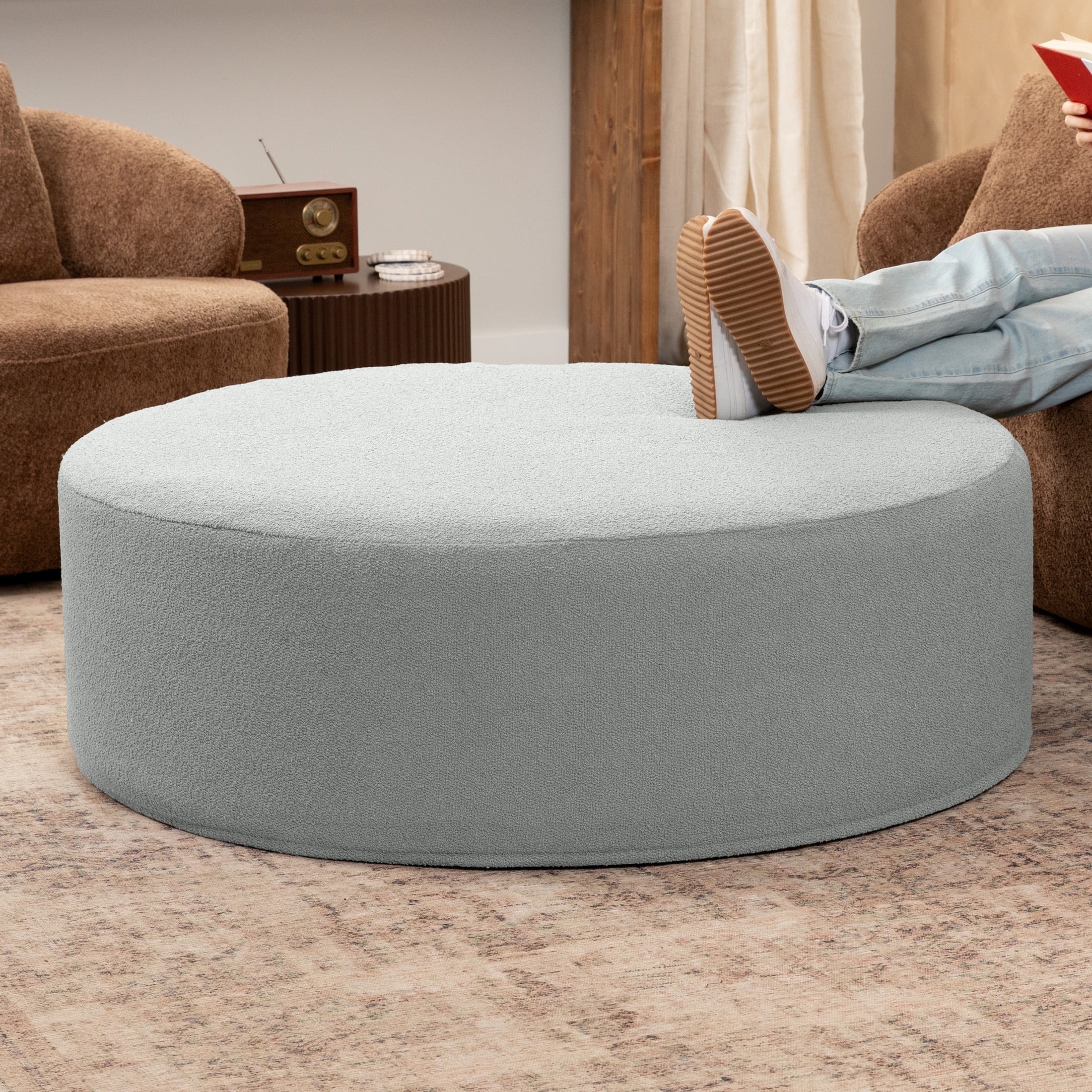 Jaxx Candler Round Coffee Table Ottoman, Oversized, 44-Inch, Boucle Silver