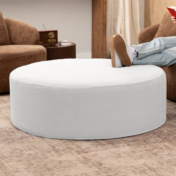 Jaxx Candler Round Coffee Table Ottoman, Oversized, 44-Inch, Boucle White