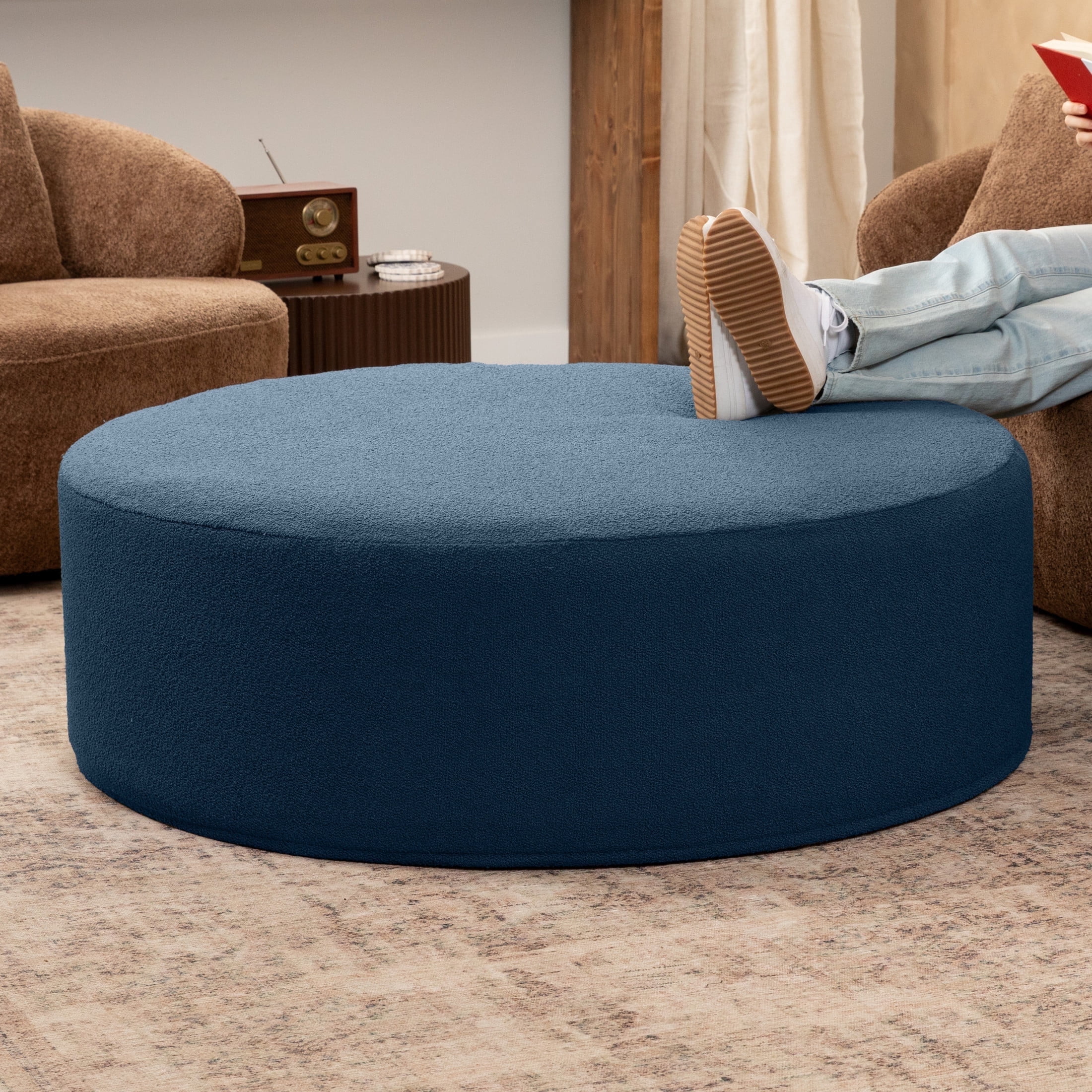 Jaxx Candler Round Coffee Table Ottoman, Oversized, 44-Inch, Boucle Dark Navy