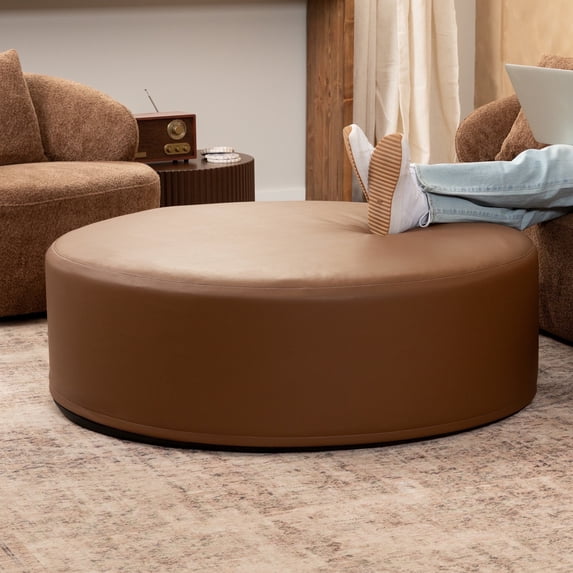 Jaxx Candler Round Coffee Table Ottoman, Oversized, 44-Inch, Premium Faux Leather, Walnut