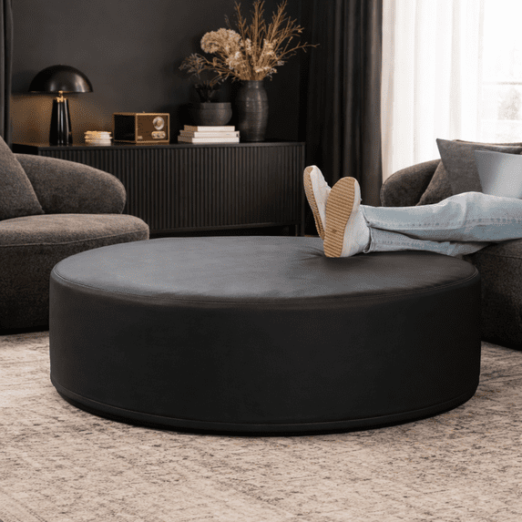 Jaxx Candler Round Coffee Table Ottoman, Oversized, 44-Inch, Premium Faux Leather Black