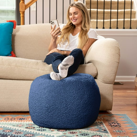 Jaxx Ellis Ottoman Shearling Faux-Lamb Plush Pouf for Modern Interior Design, Large, Indigo