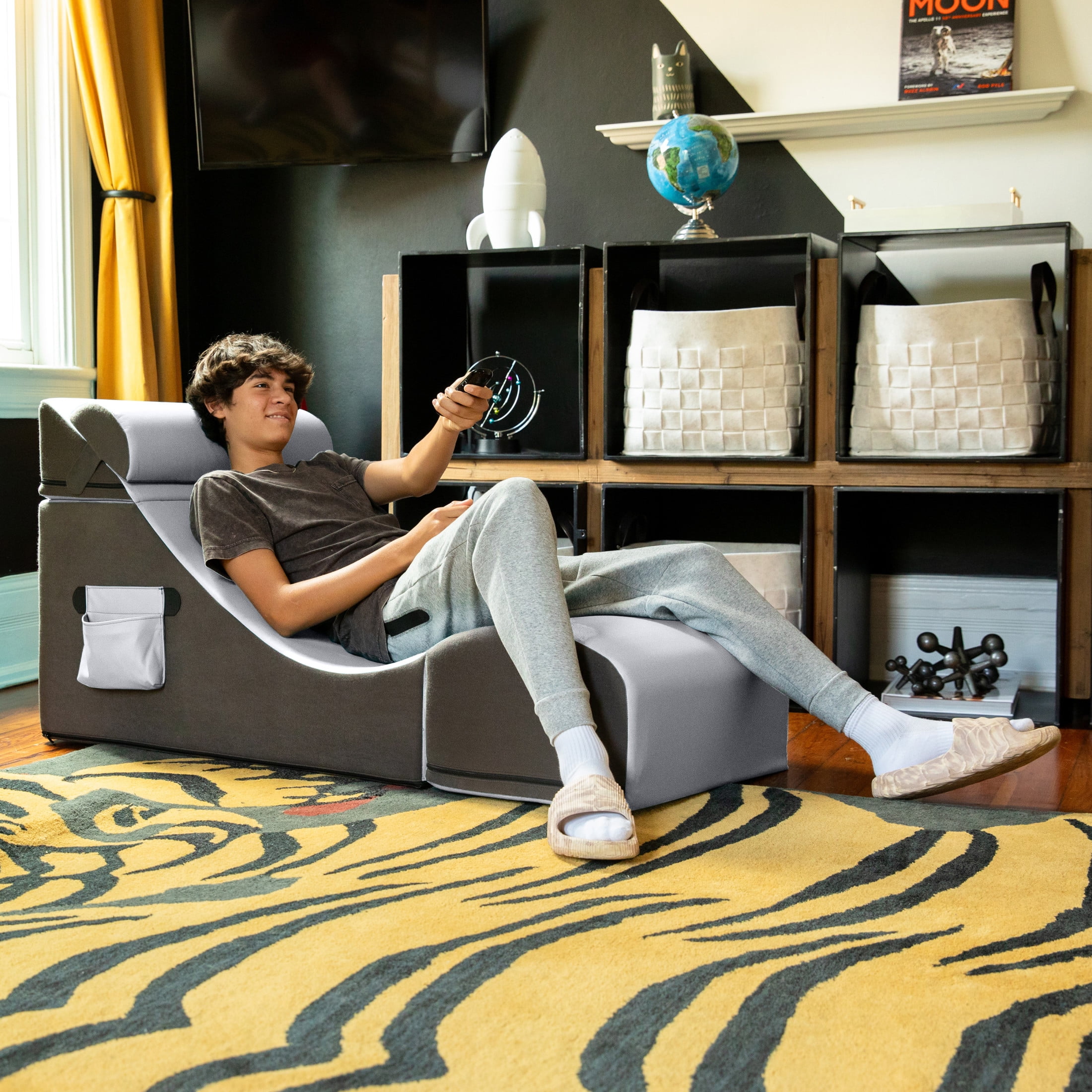 Jaxx Flexx V-Tex Convertible 3 in 1 Gamer Chair, Table, & Ottoman w/ Adjustable Headrest & Pocket - Vinyl Submarine Grey