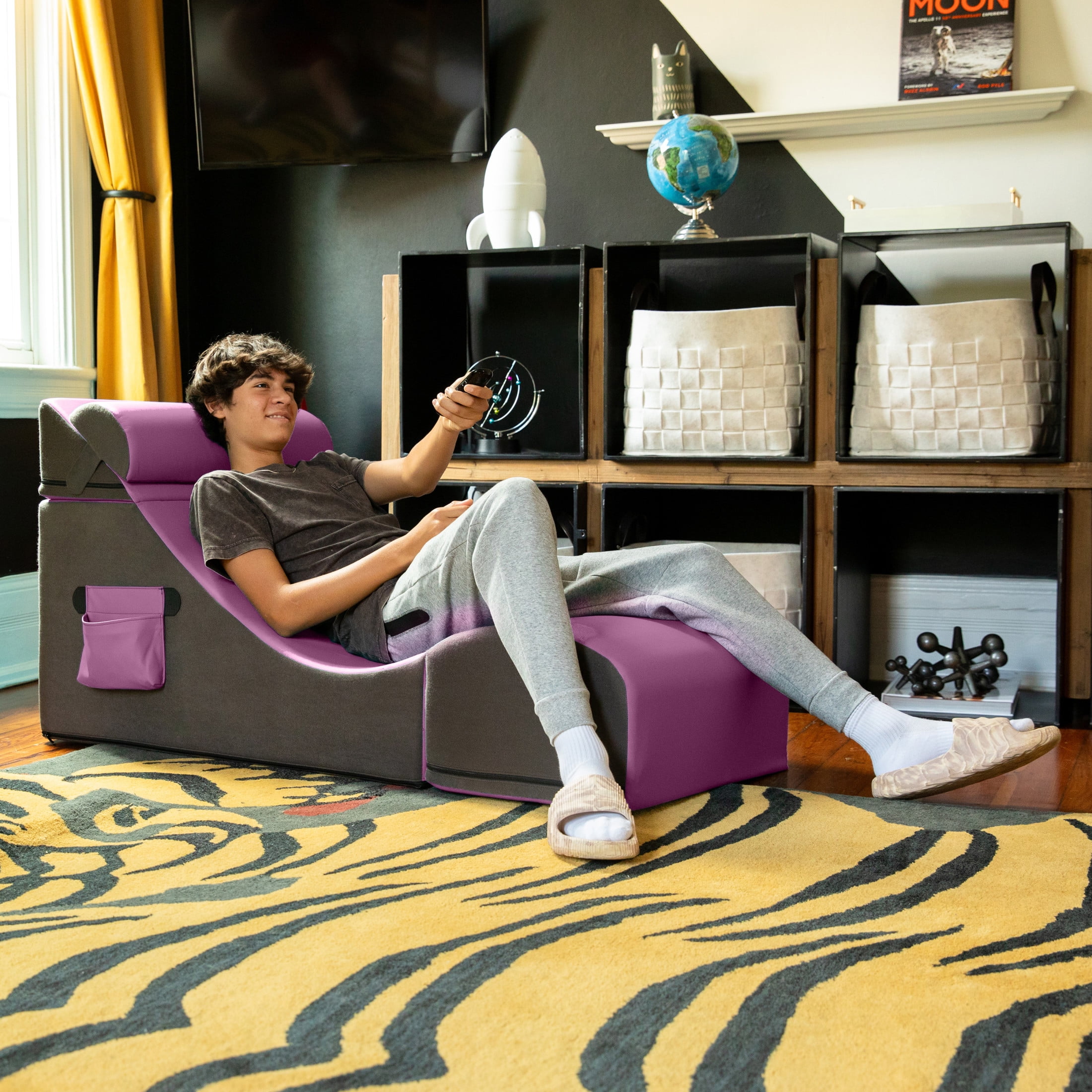 Jaxx Flexx V-Tex Convertible 3 in 1 Gamer Chair, Table, & Ottoman w/ Adjustable Headrest & Pocket - Vinyl Plum