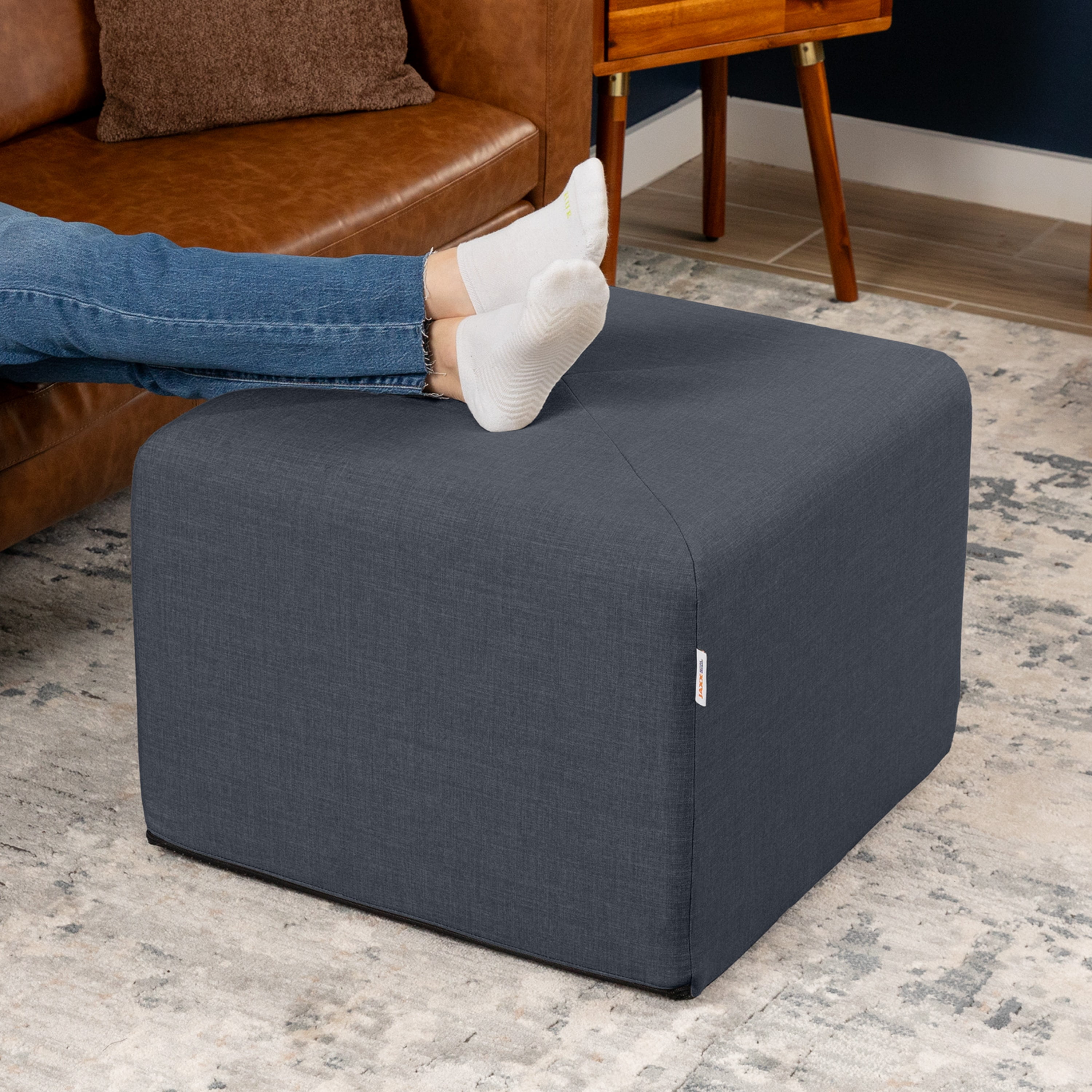 Jaxx Monroe Square Foam Ottoman with Stain Resistant Performance Fabric, Large (24 x 24 x 18), Blue Denim