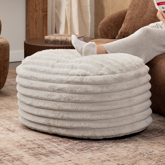 Jaxx Paran Pouf Ottoman, Large, Faux Fur, Modern Accent, Grey