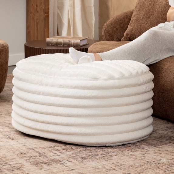 Jaxx Paran Pouf Ottoman, Large, Faux Fur, Modern Accent, Ivory