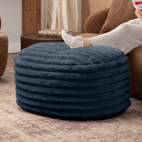 Jaxx Paran Pouf Ottoman, Large, Faux Fur, Modern Accent, Midnight Blue